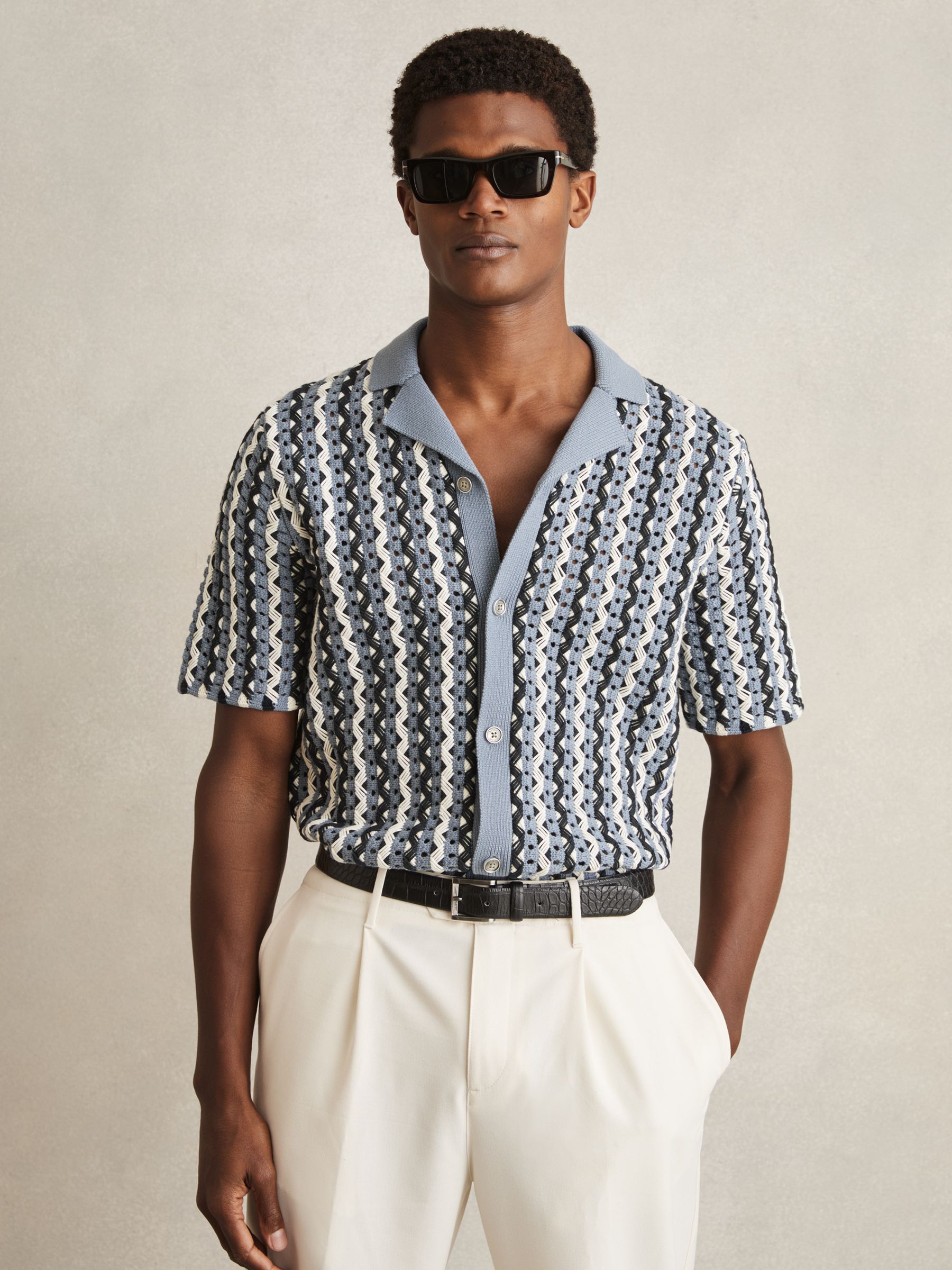 Textured Knit Cuban Collar Shirt in Airforce Blue - Image 1 of 6