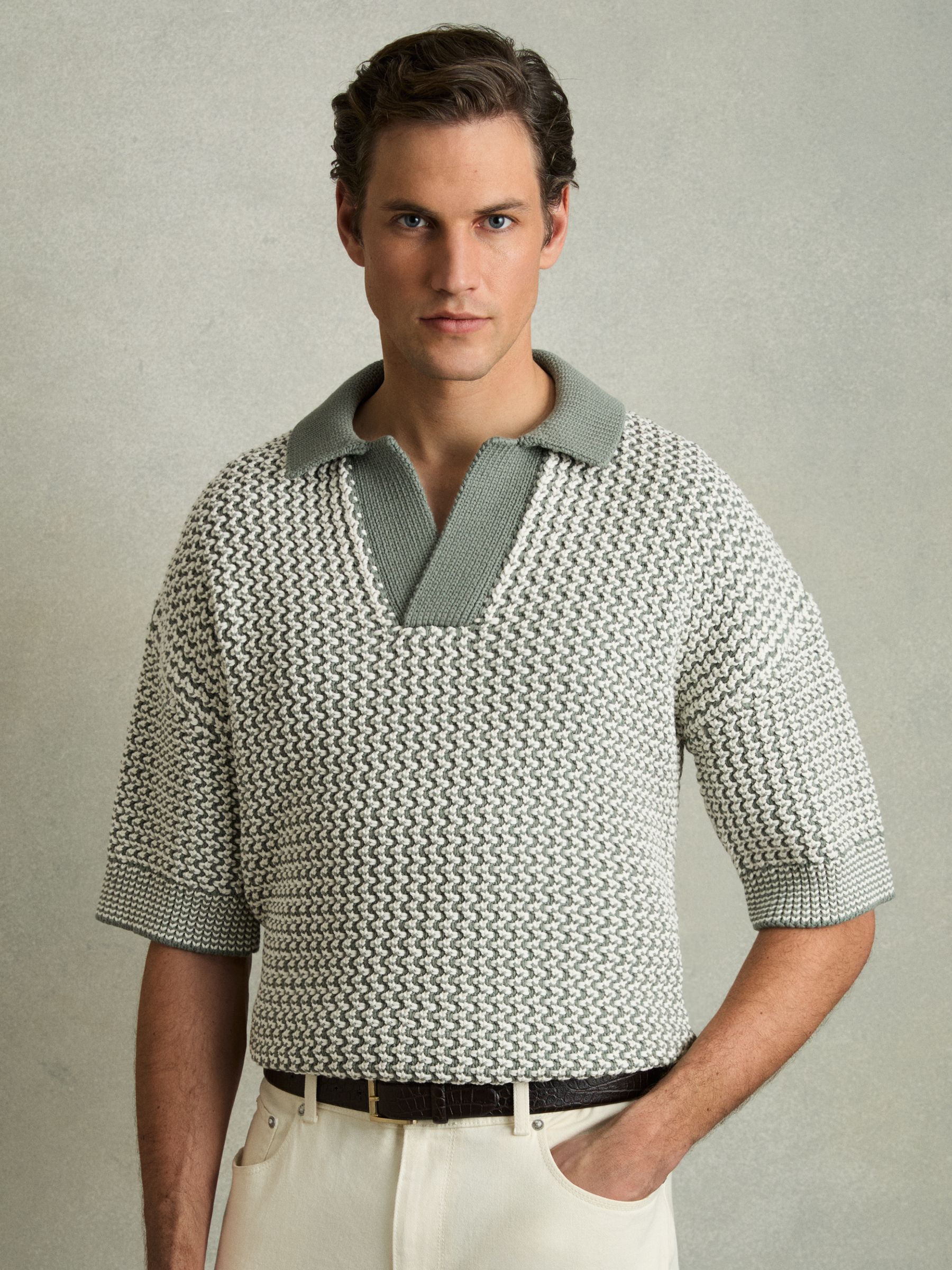 Chunky-Knit Open-Collar Polo Shirt in Sage/Off White - Image 1 of 6