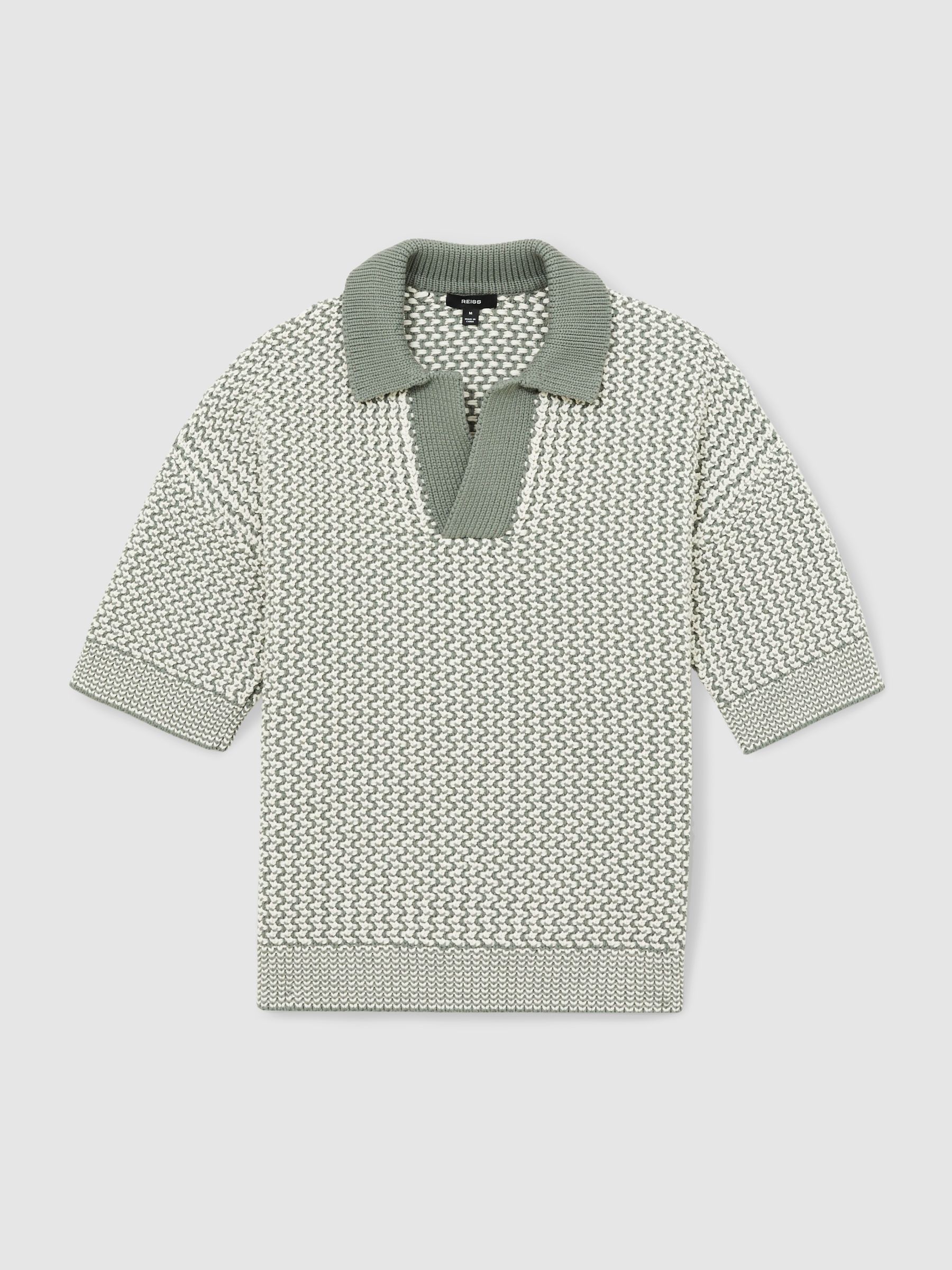 Chunky-Knit Open-Collar Polo Shirt in Sage/Off White - Image 2 of 6