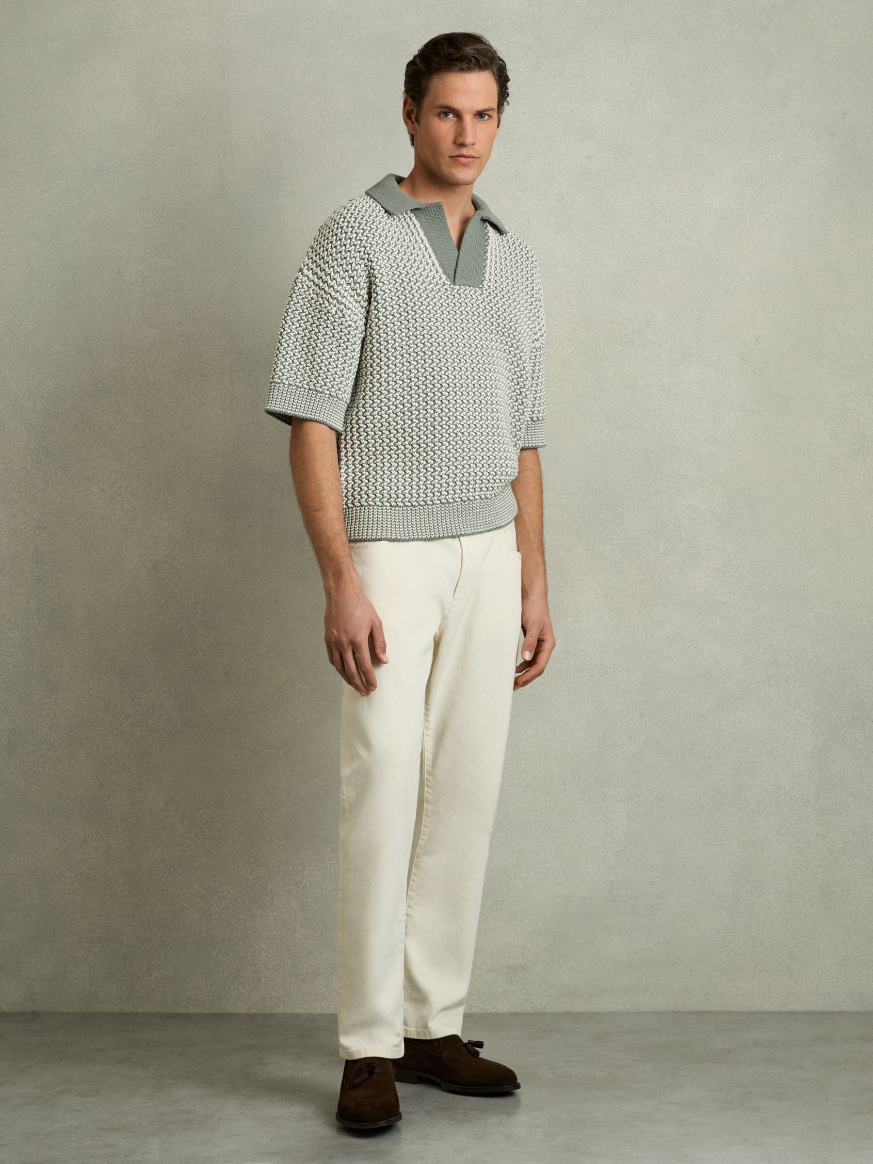 Chunky-Knit Open-Collar Polo Shirt in Sage/Off White - Image 3 of 6