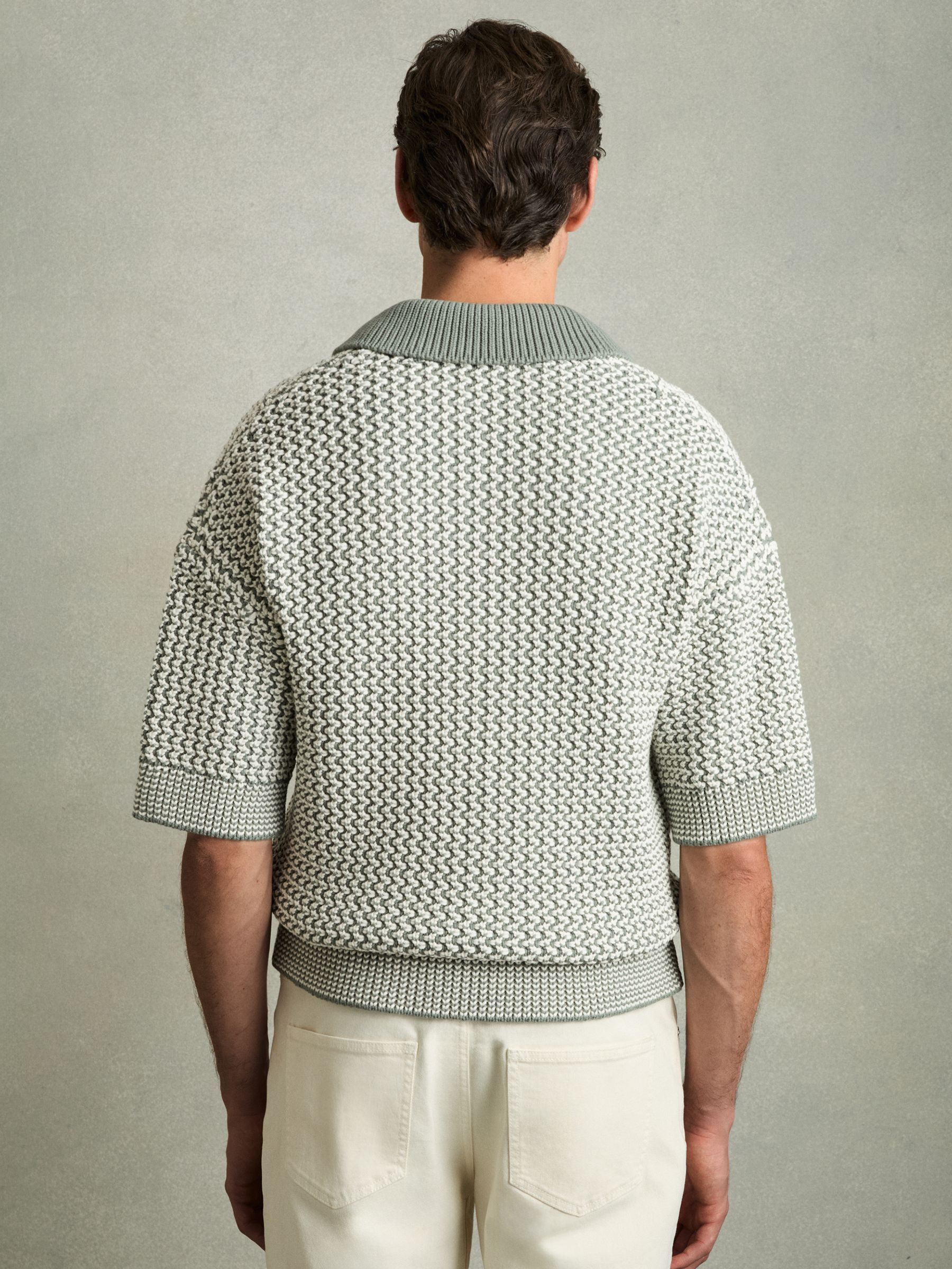 Chunky-Knit Open-Collar Polo Shirt in Sage/Off White - Image 5 of 6