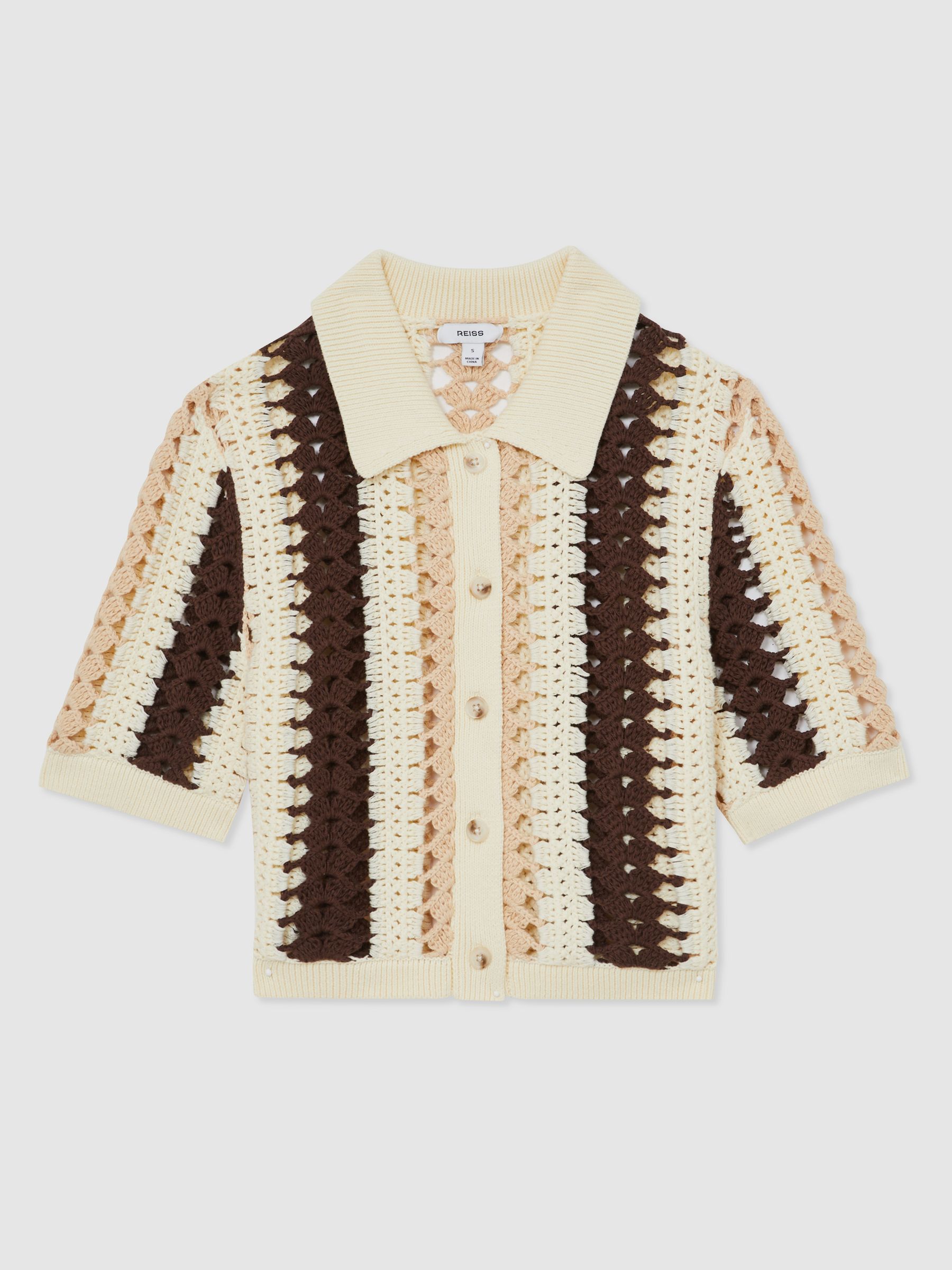 Cotton Crochet Striped Shirt in Cream/Brown - Image 2 of 5