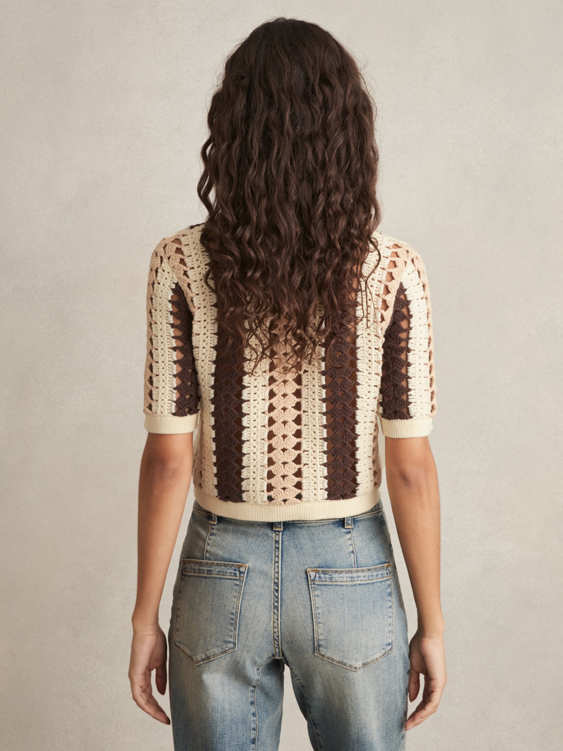 Cotton Crochet Striped Shirt in Cream/Brown - Image 4 of 5