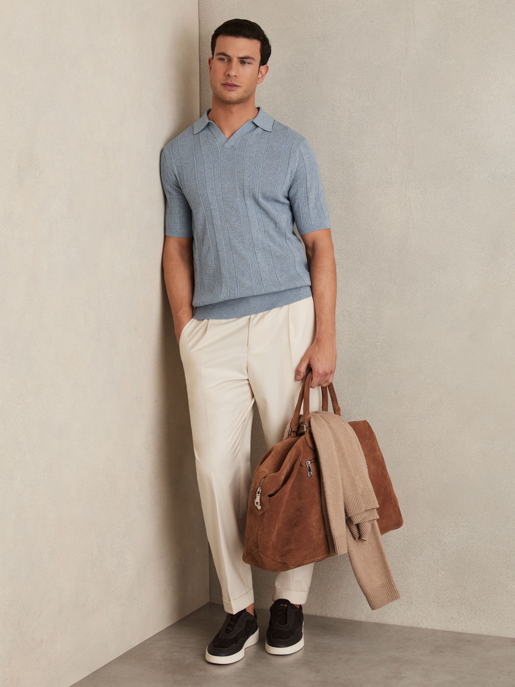 Textured-Stripe Knitted Polo Shirt in Airforce Blue - Image 3 of 6