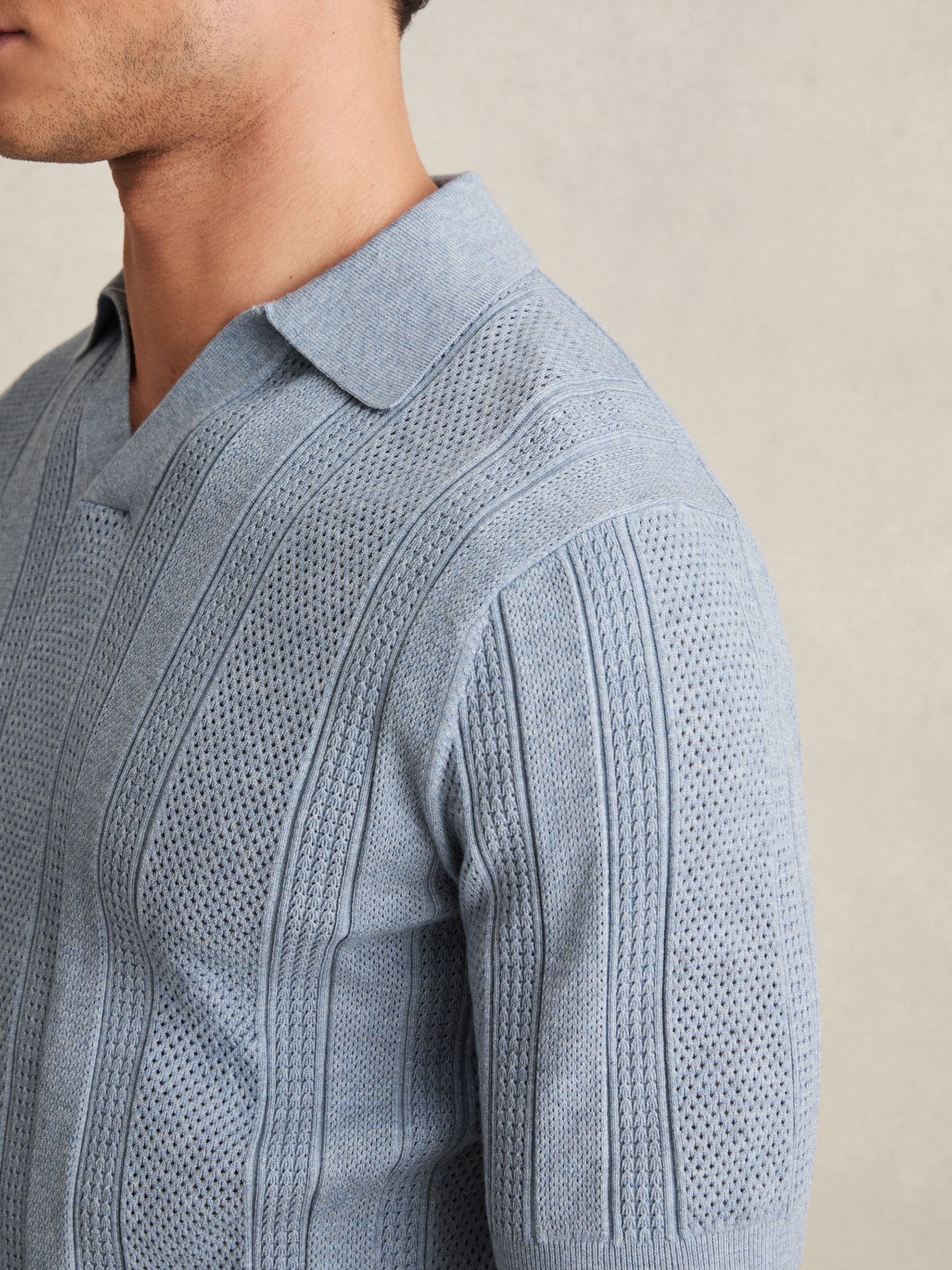 Textured-Stripe Knitted Polo Shirt in Airforce Blue - Image 4 of 6