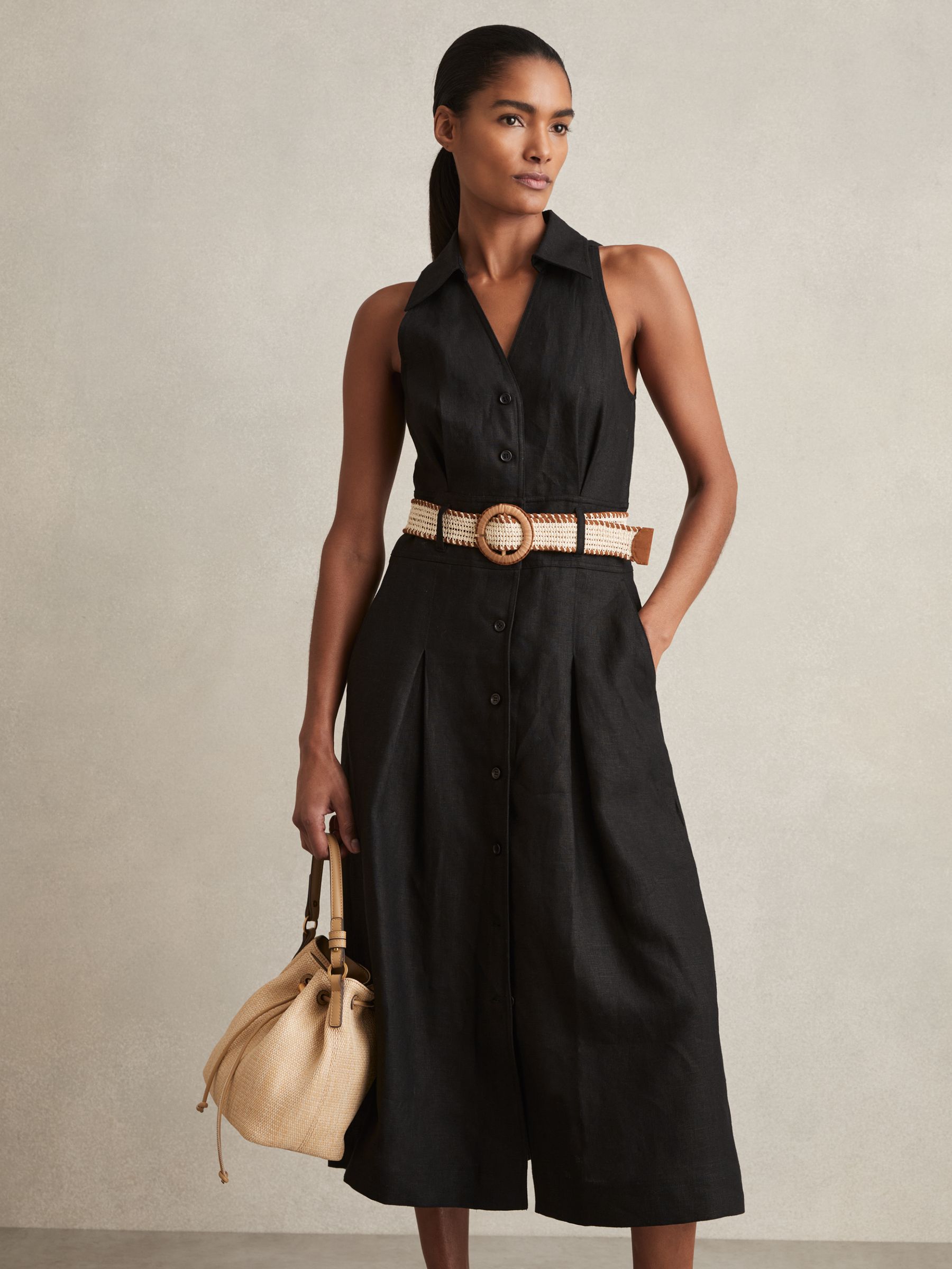 Linen Belted Sleeveless Midi Dress in Black - Image 1 of 6