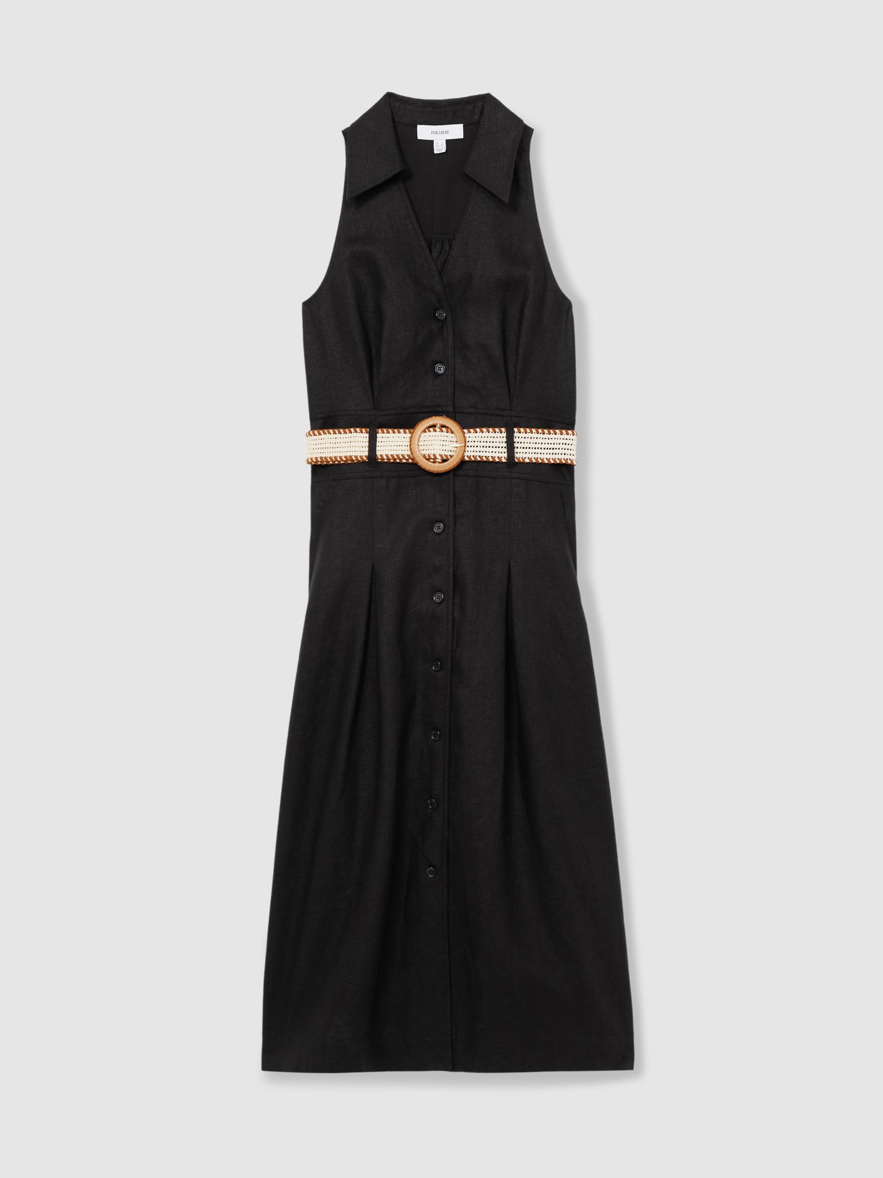 Linen Belted Sleeveless Midi Dress in Black - Image 2 of 6
