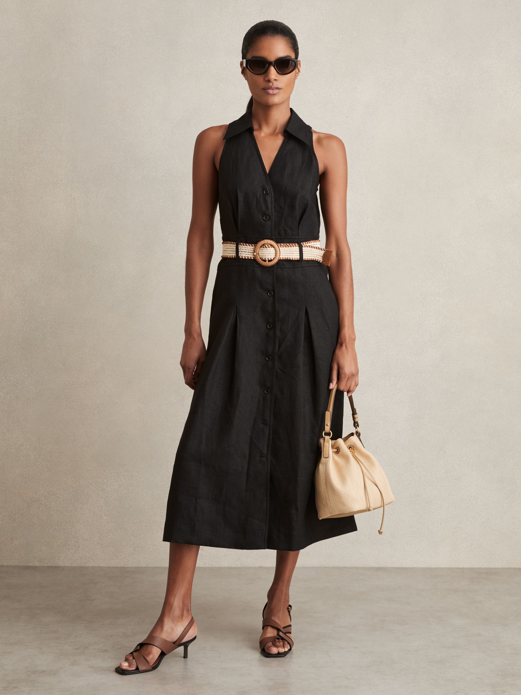 Linen Belted Sleeveless Midi Dress in Black - Image 3 of 6