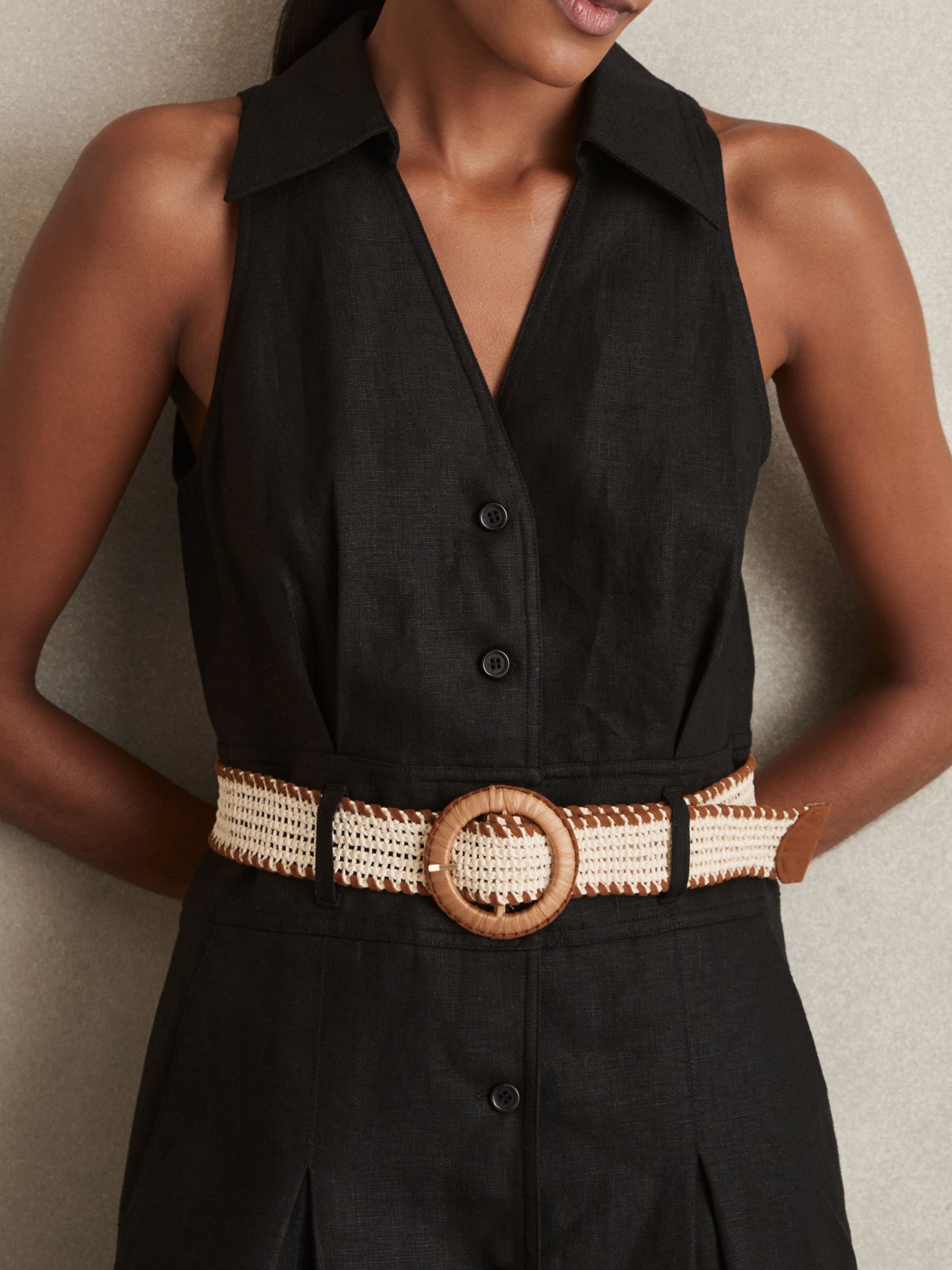 Linen Belted Sleeveless Midi Dress in Black - Image 4 of 6