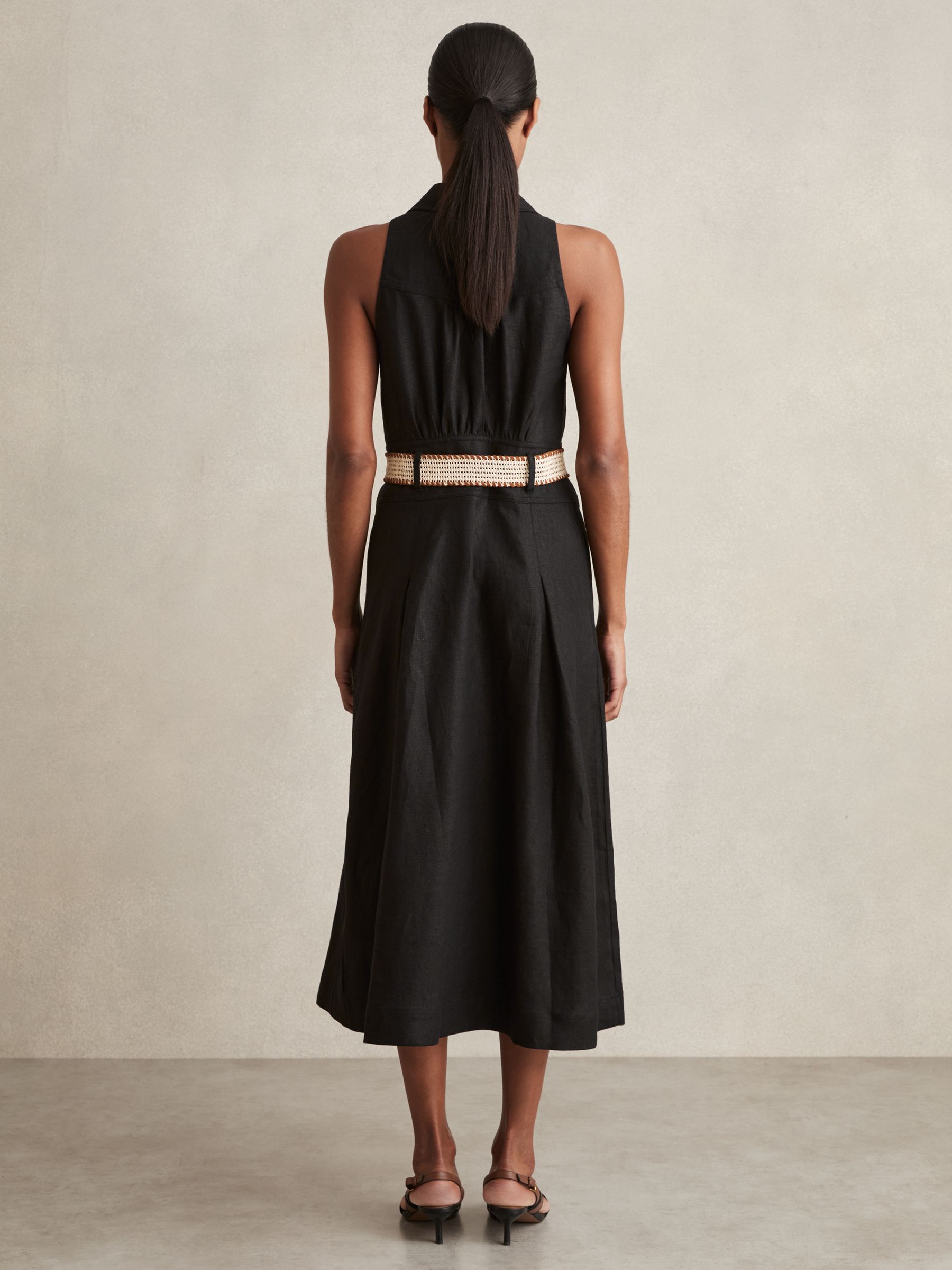 Linen Belted Sleeveless Midi Dress in Black - Image 5 of 6