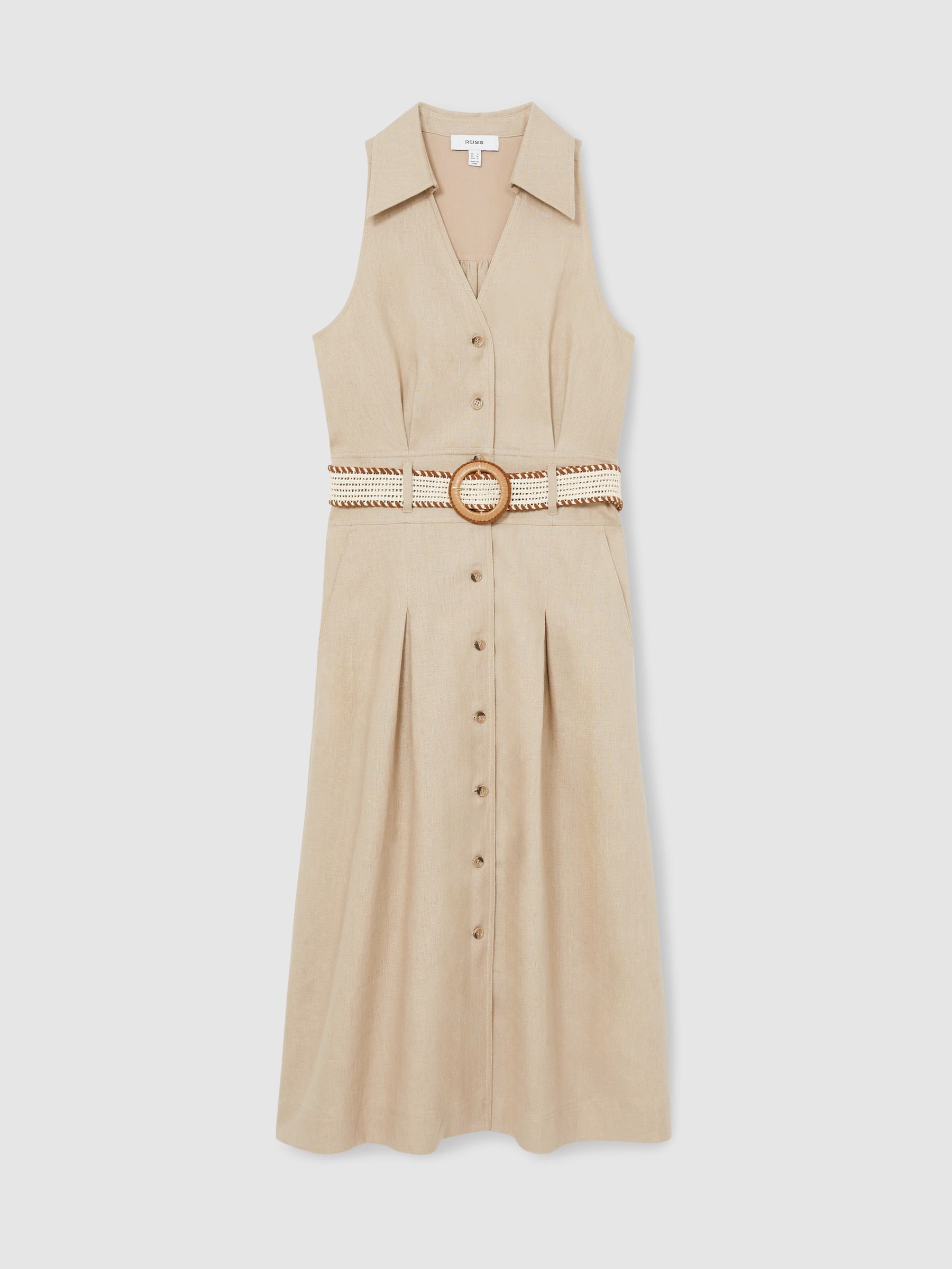 Linen Belted Sleeveless Midi Dress in Neutral - Image 3 of 6