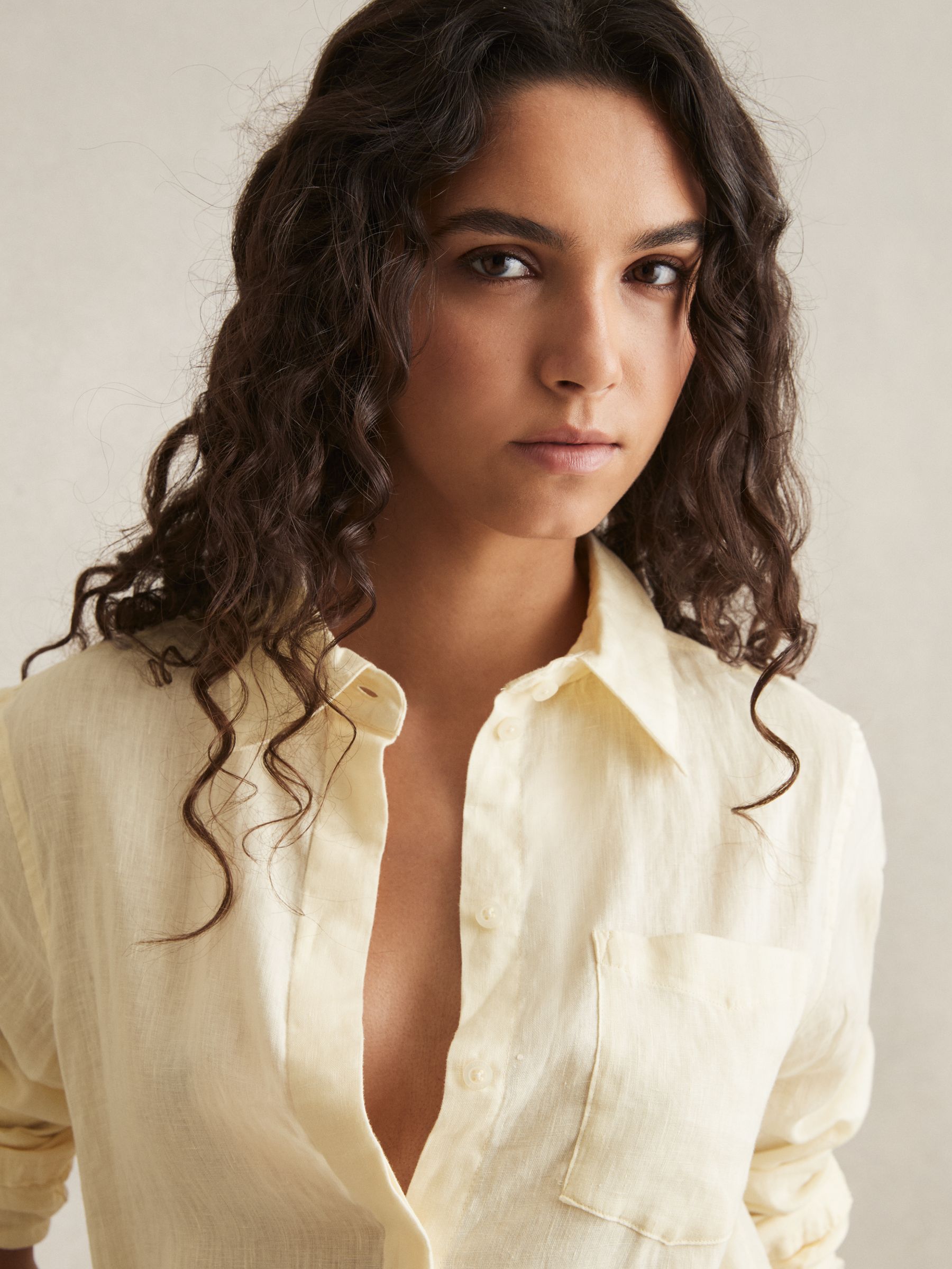 Linen Button-Through Shirt in Pale Yellow - Image 4 of 6