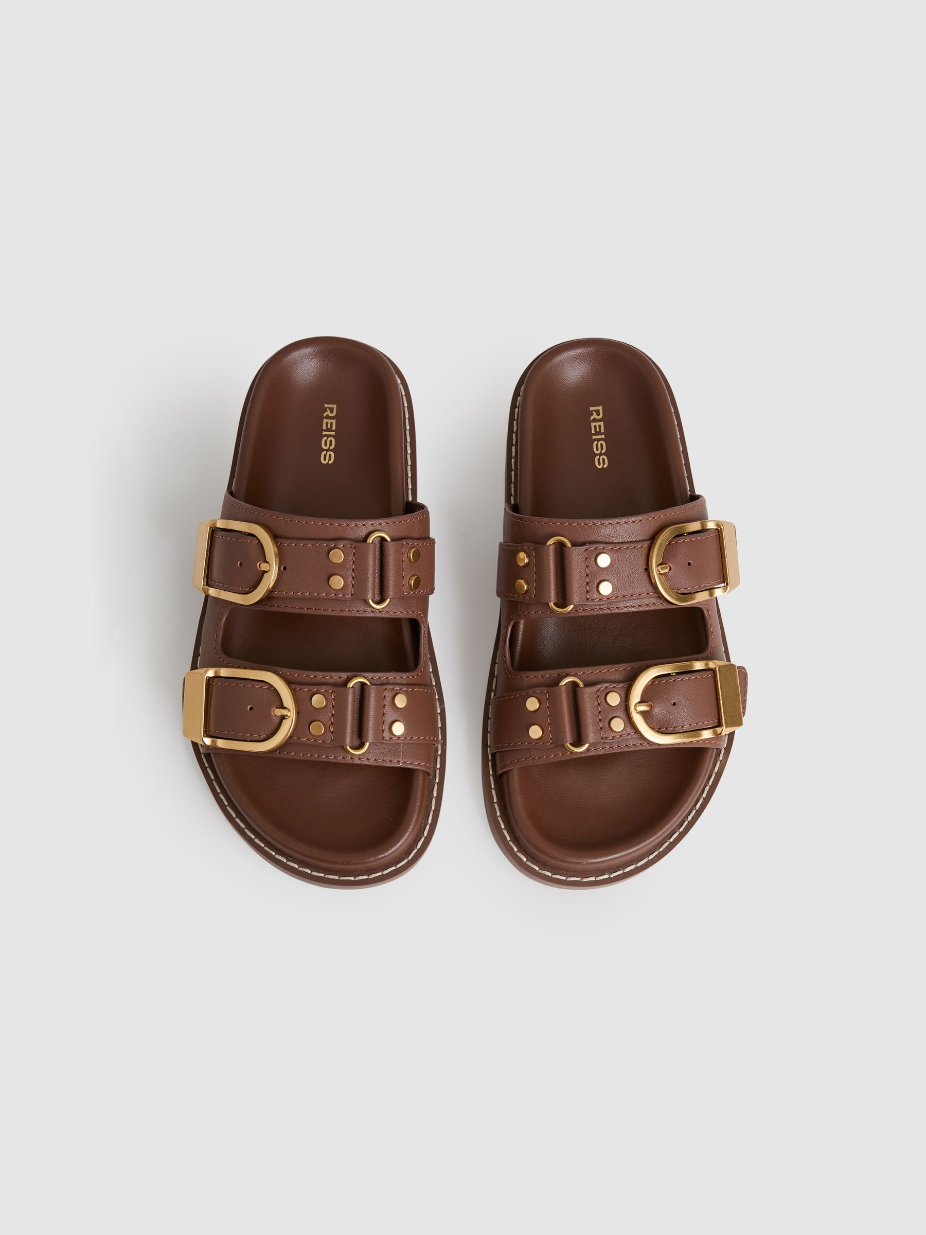 Leather Buckled Slip-On Sandals in Tan - Image 3 of 6