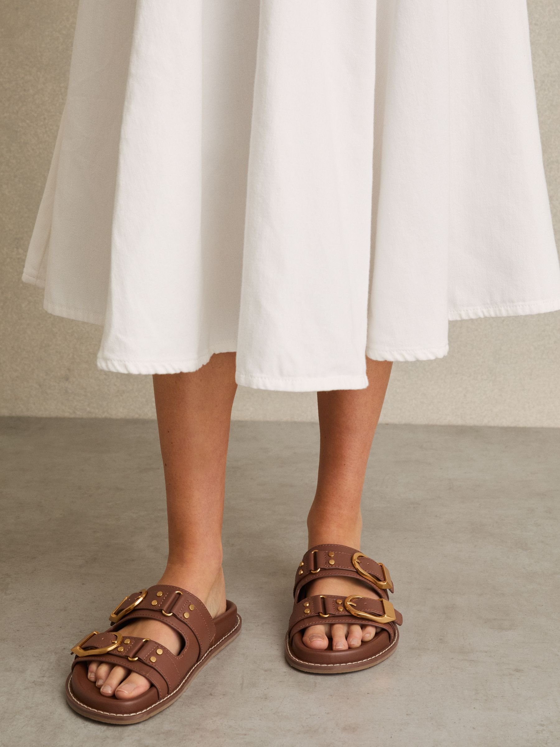 Leather Buckled Slip-On Sandals in Tan - image 4