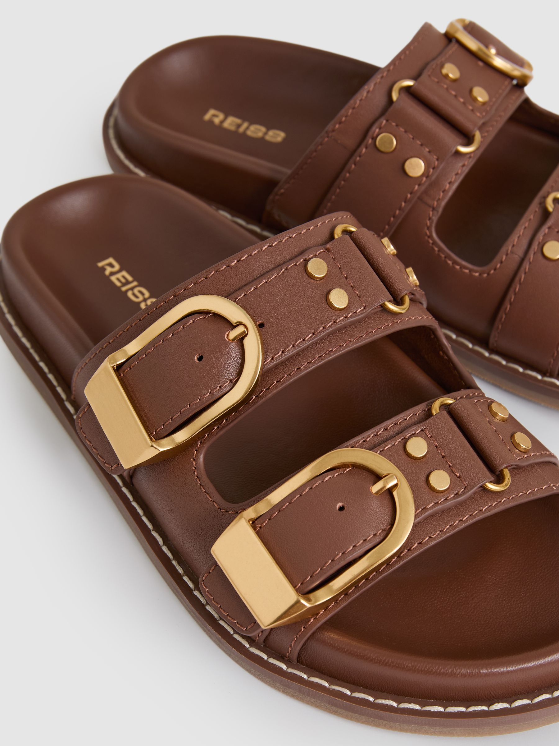Leather Buckled Slip-On Sandals in Tan - image 5