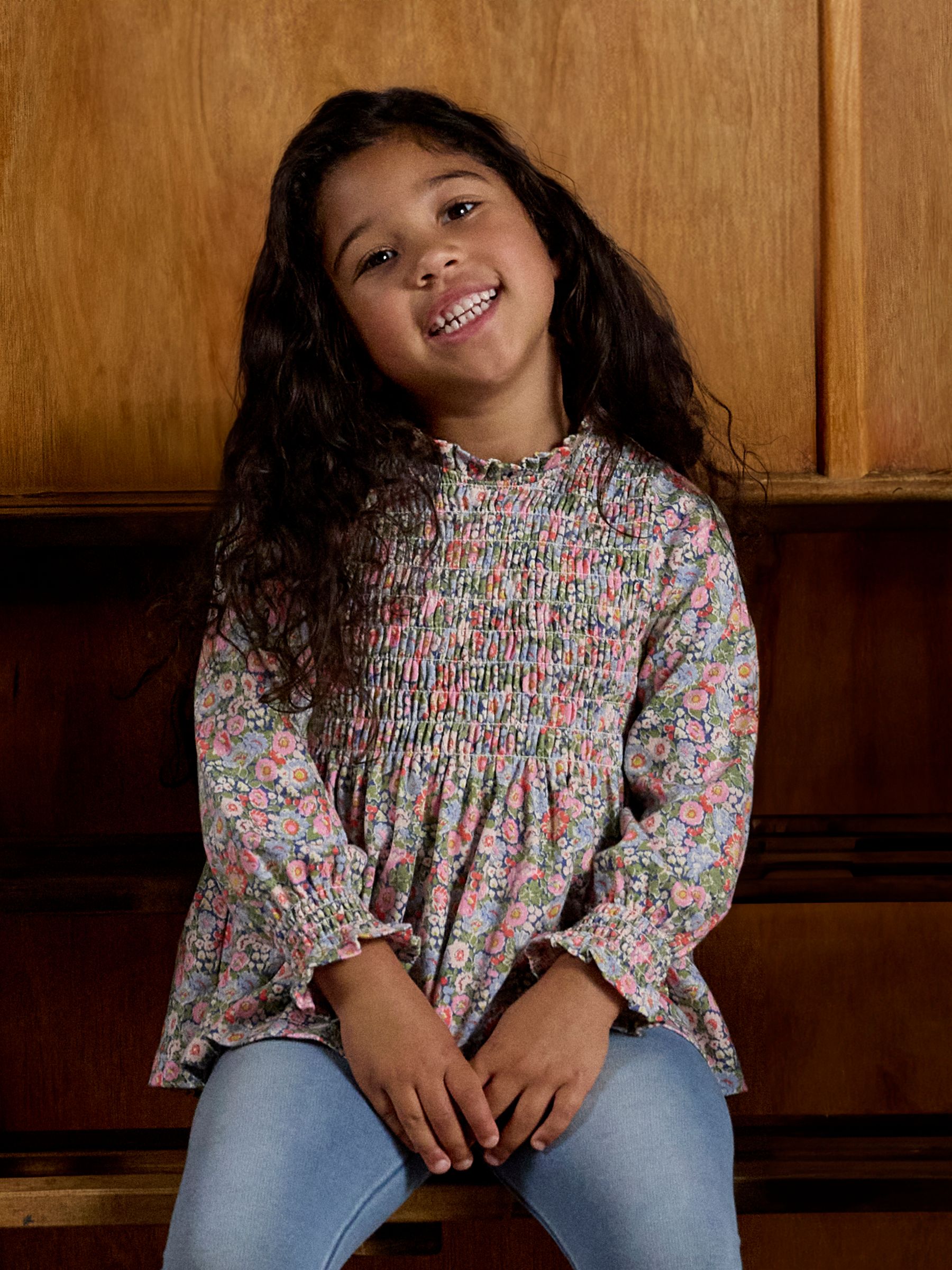 Girls' Gracie Pink Ditsy Long Sleeve Shirred Top - Image 1 of 8