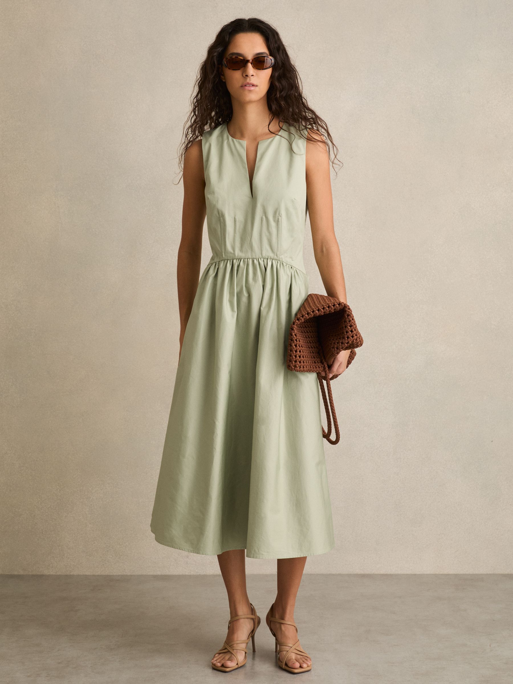100% Cotton Corset Midi Dress in Sage - Image 1 of 5
