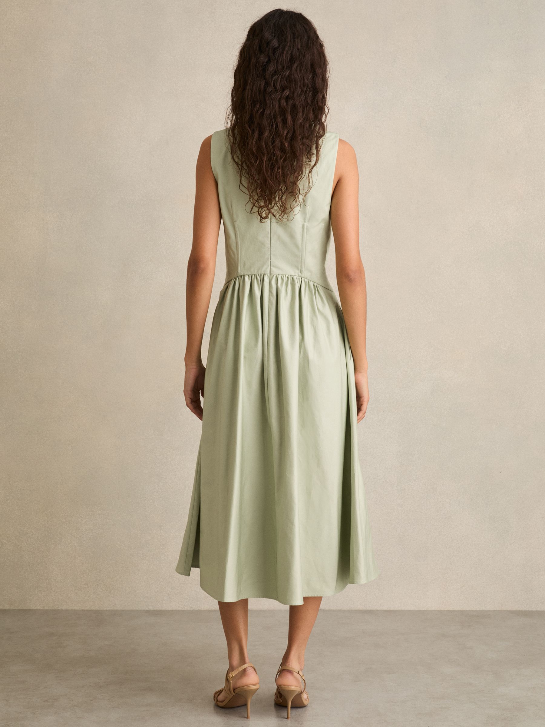 100% Cotton Corset Midi Dress in Sage - Image 4 of 5
