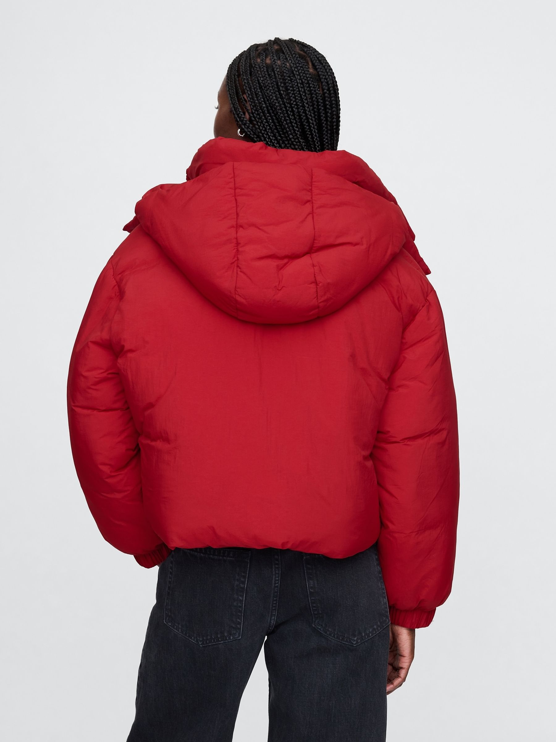 Red Cropped Duvet Wrap Puffer Coat - Image 2 of 9