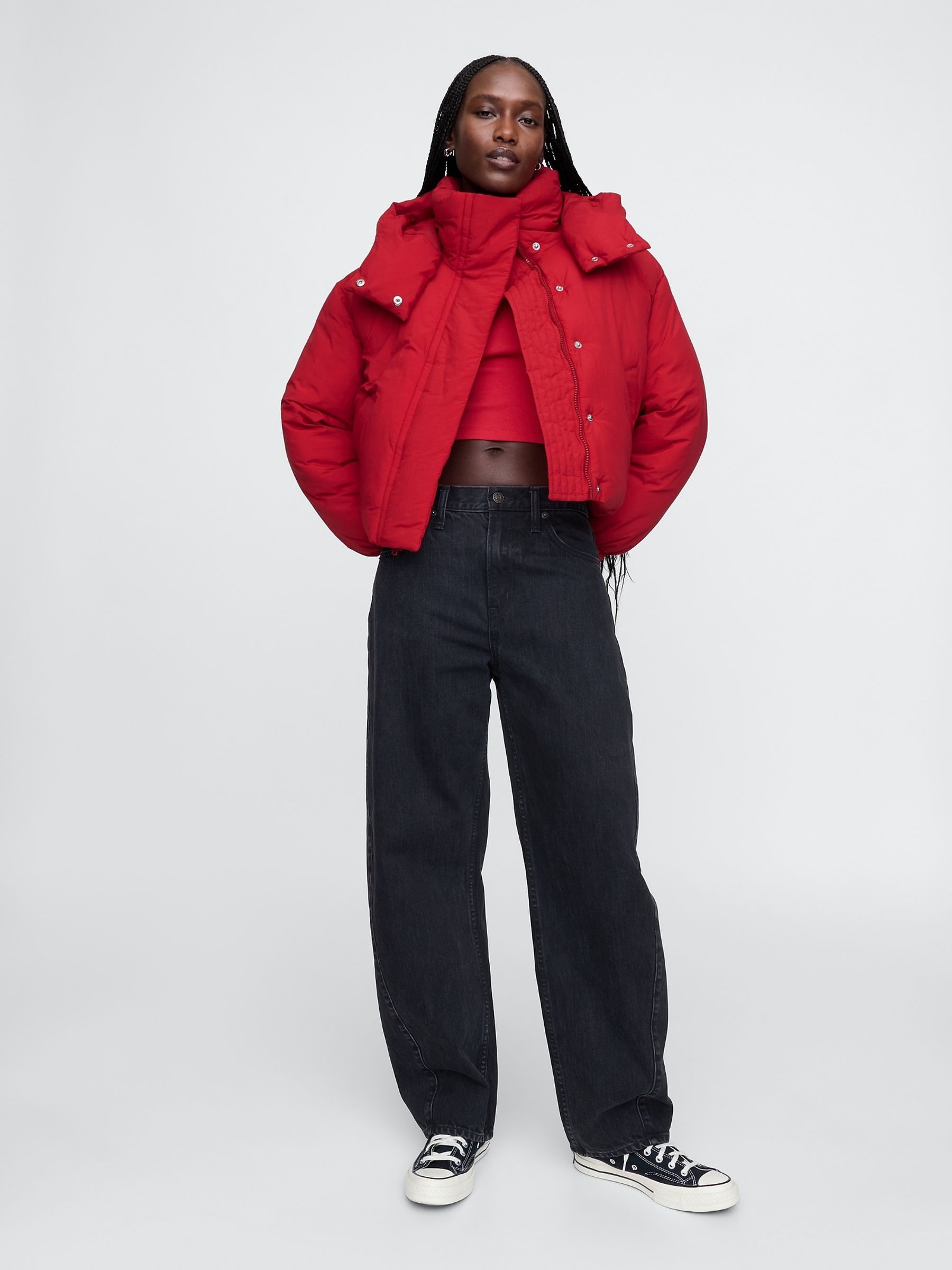 Red Cropped Duvet Wrap Puffer Coat - Image 3 of 9