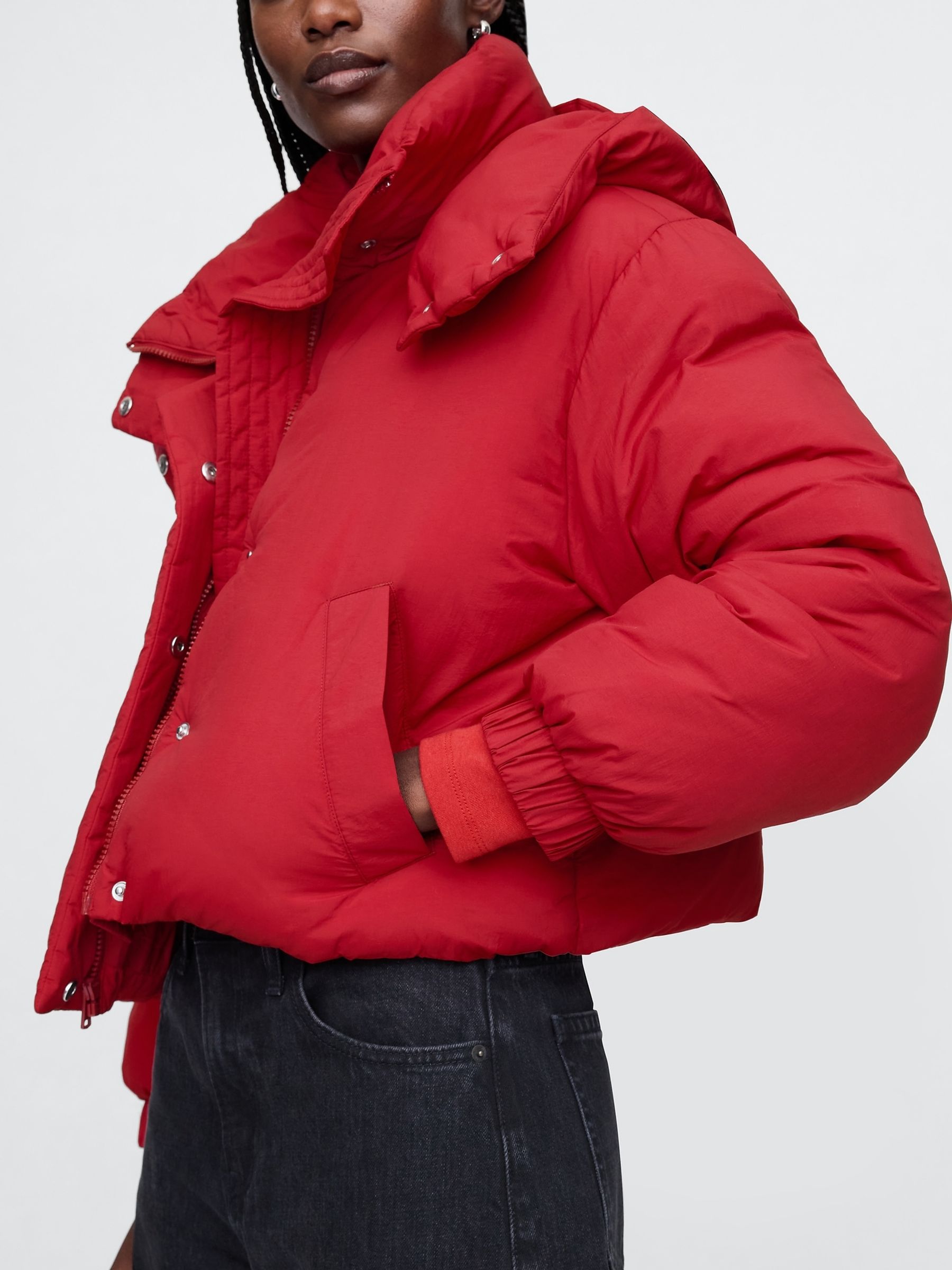 Red Cropped Duvet Wrap Puffer Coat - Image 4 of 9