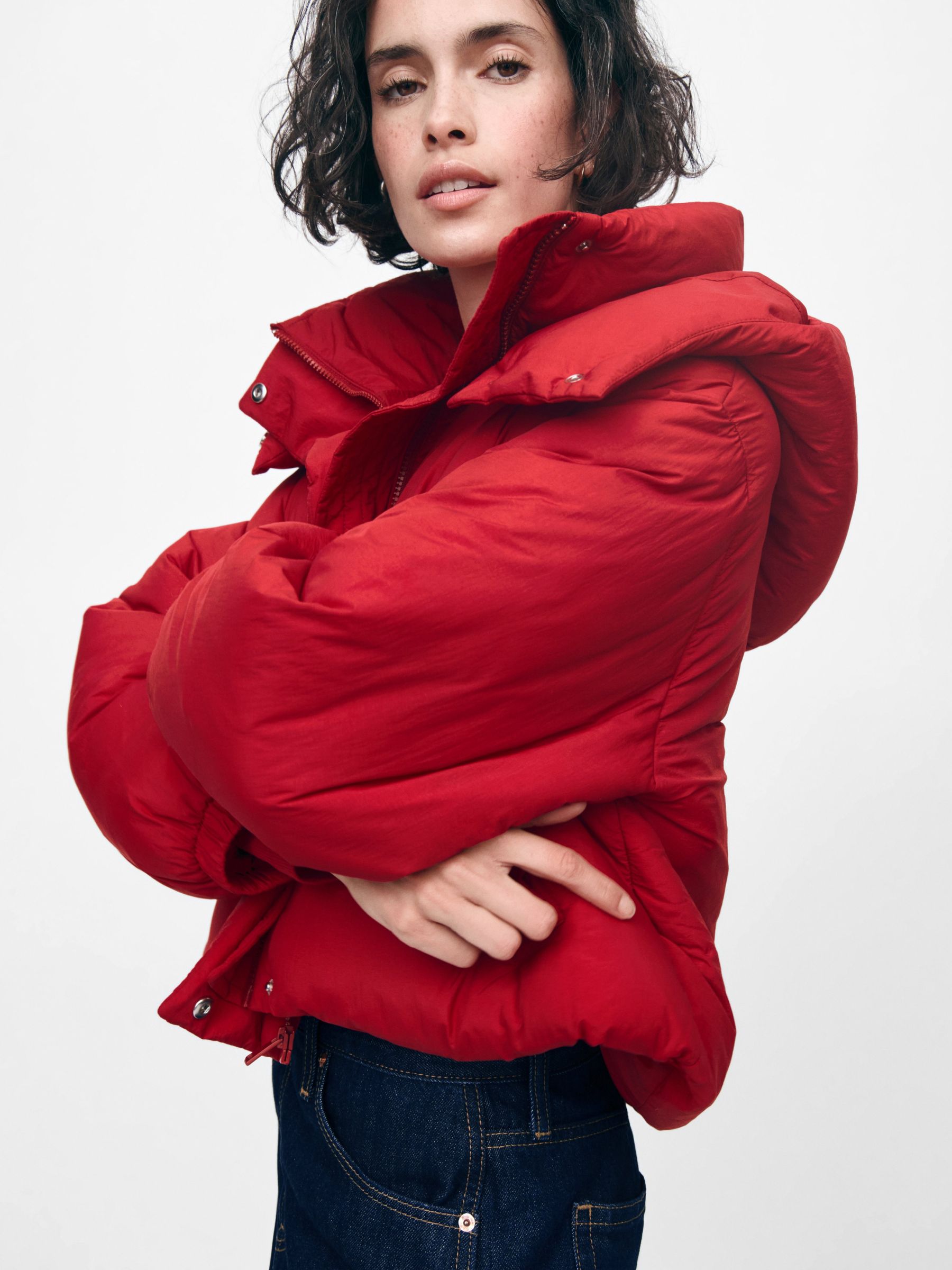 Red Cropped Duvet Wrap Puffer Coat - Image 7 of 9