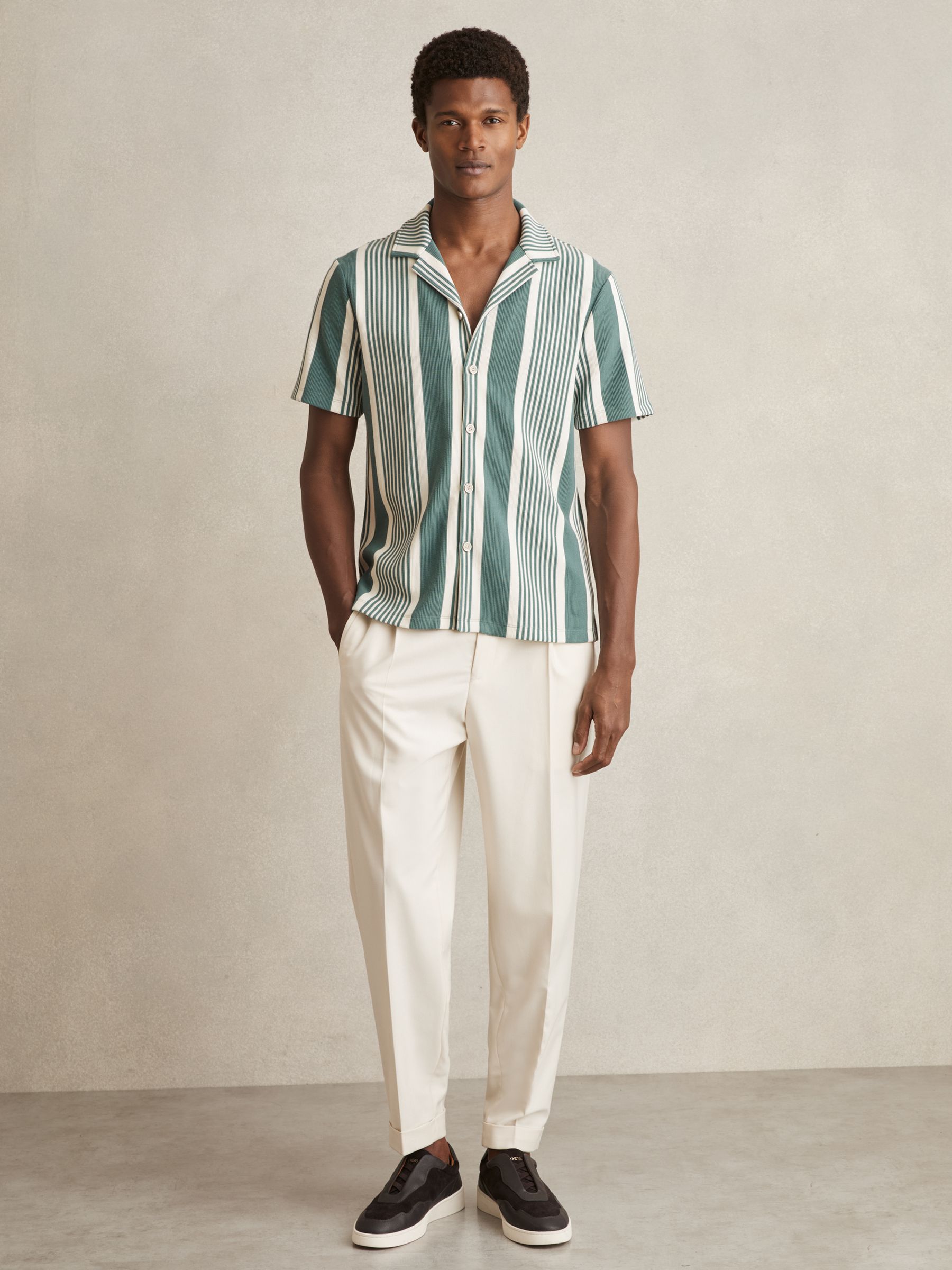 Stripe Ribbed Cuban Collar Shirt in Sage/White - Image 3 of 6