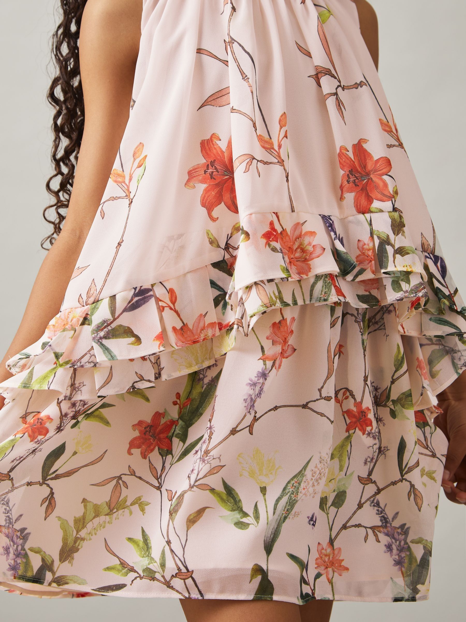 9-13 yrs Chiffon Floral-Print Tiered Dress in Pink Print - Image 1 of 4