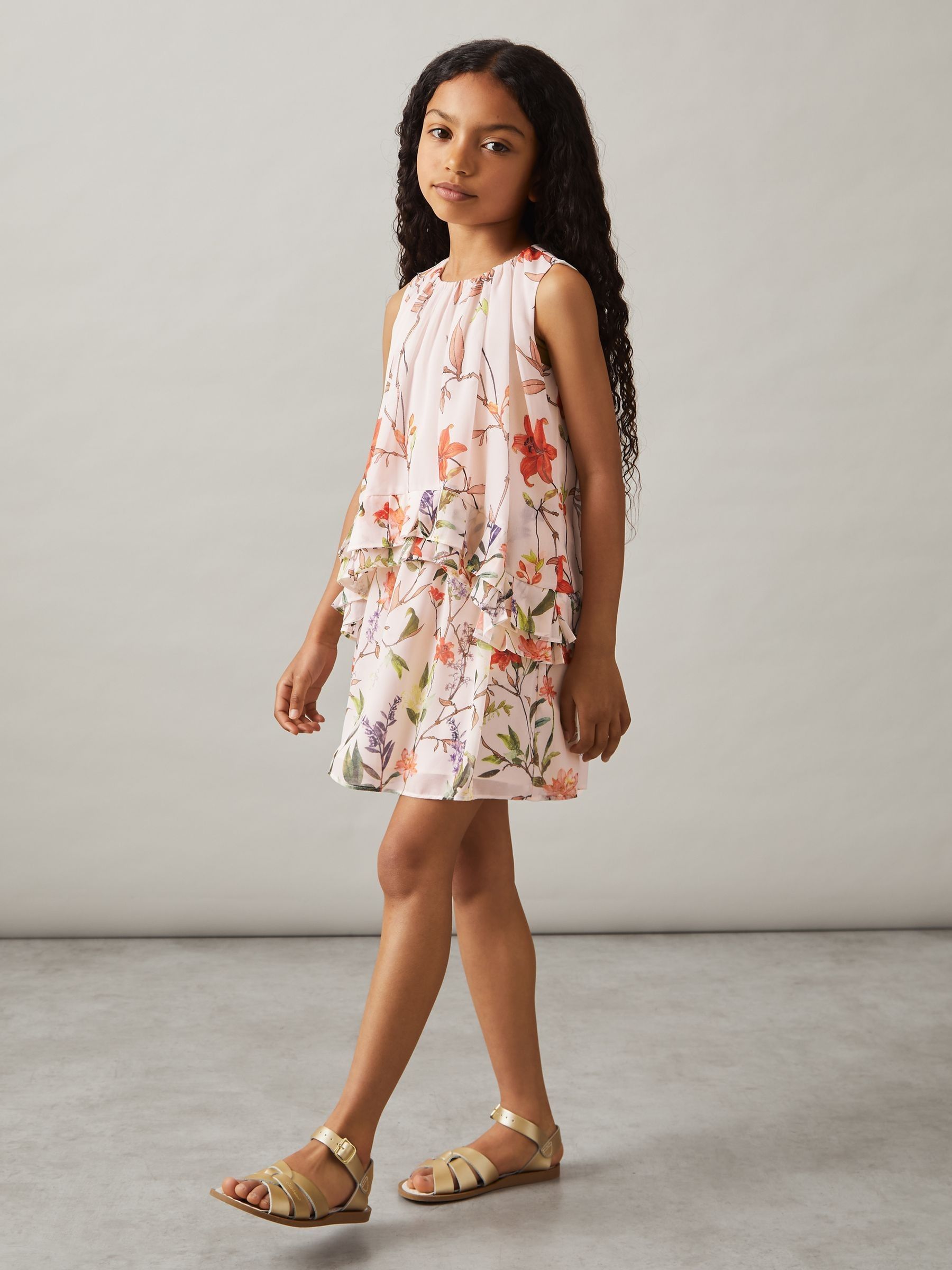 9-13 yrs Chiffon Floral-Print Tiered Dress in Pink Print - Image 3 of 4