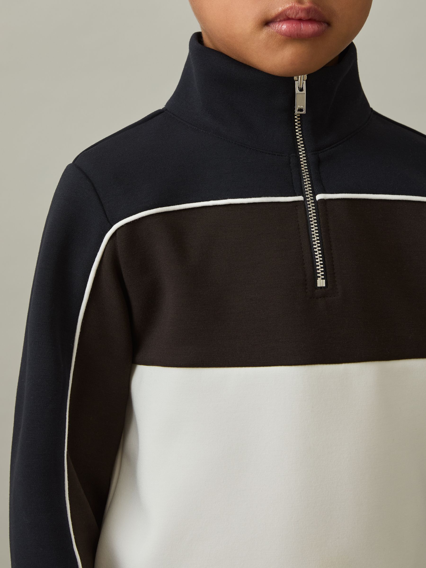 13-14 yrs Colour-Block Half-Zip Sweatshirt in Chocolate Brown/Navy/Off White - Image 3 of 4