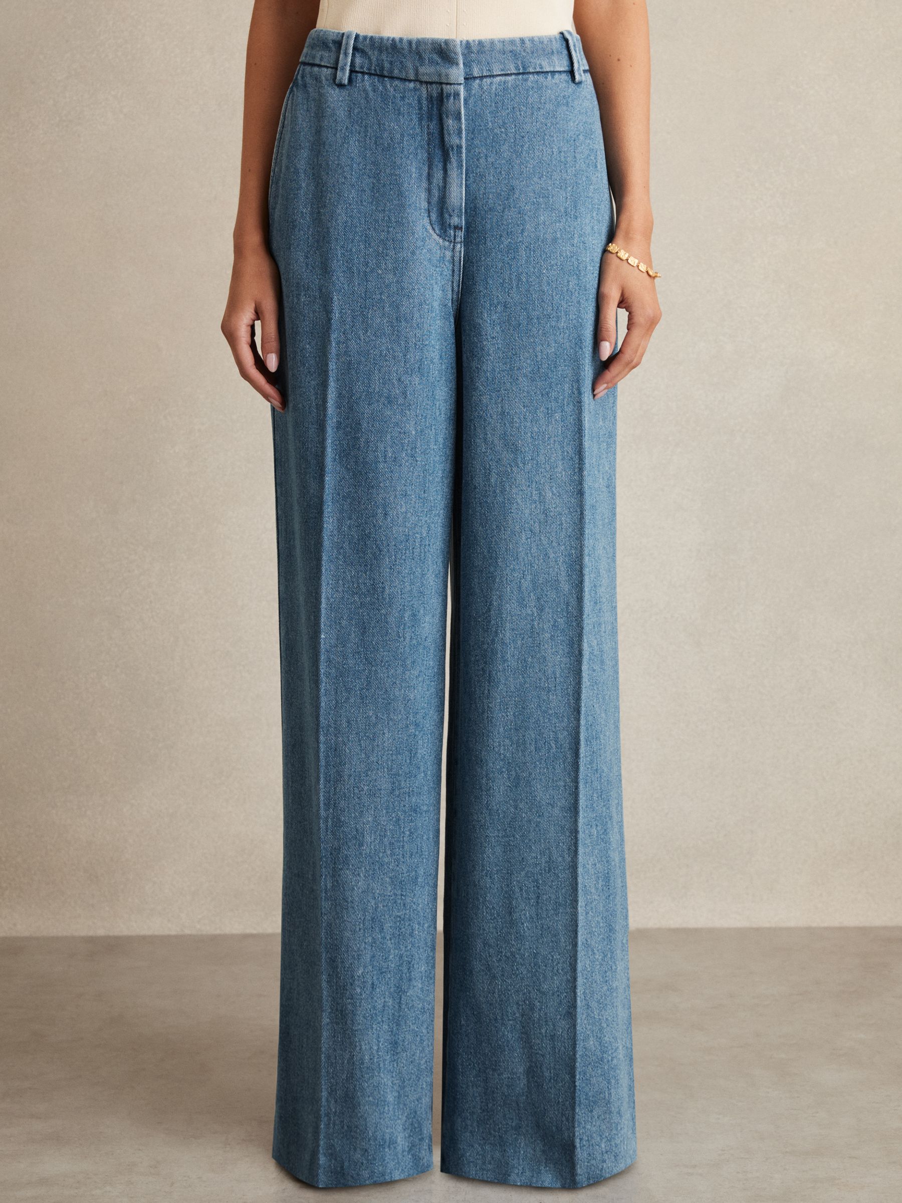 Denim-Look Wide-Leg Trousers in Mid Blue - Image 3 of 6