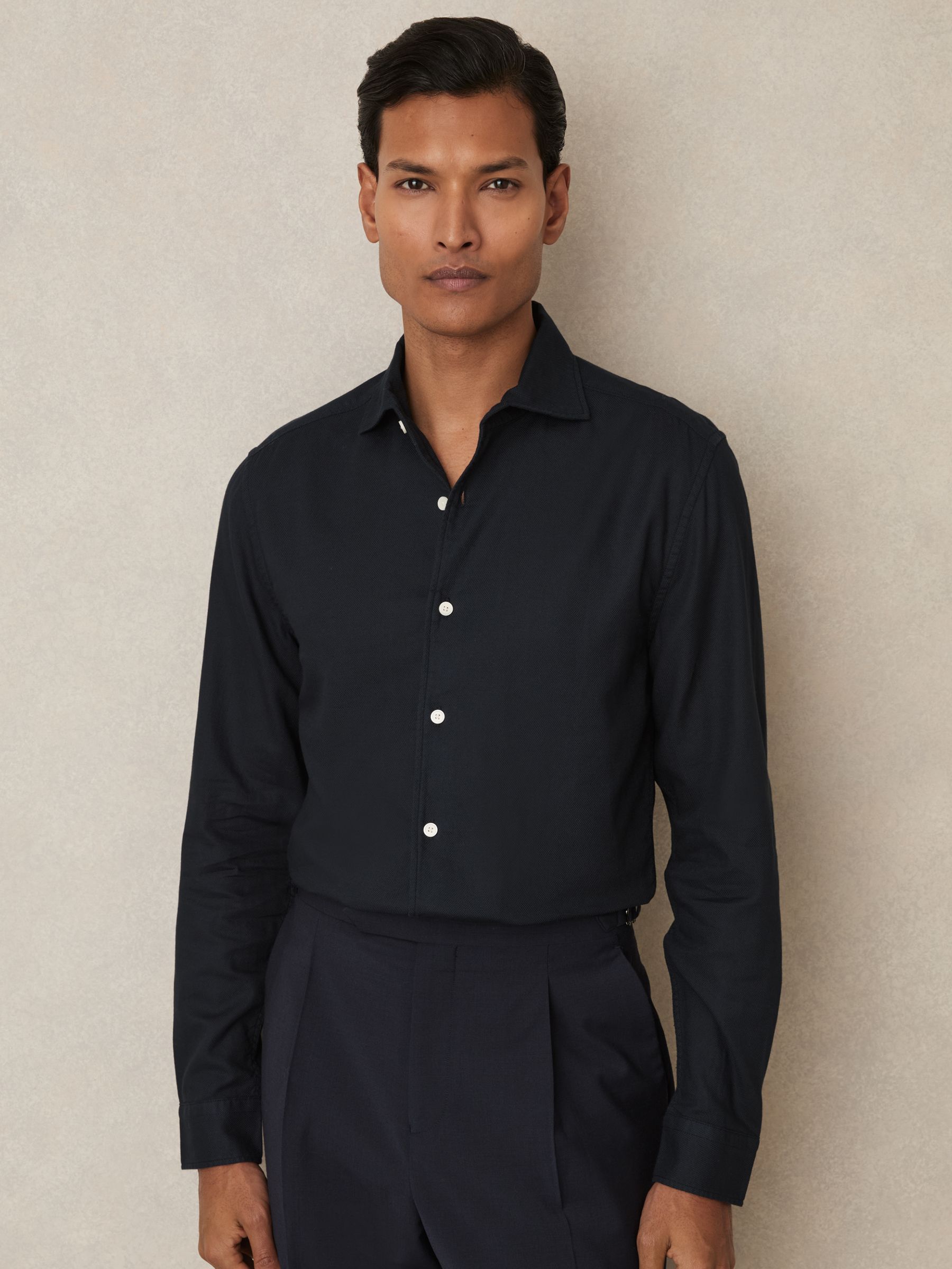 Cotton-Piqué Garment-Dyed Shirt in Navy - Image 1 of 6