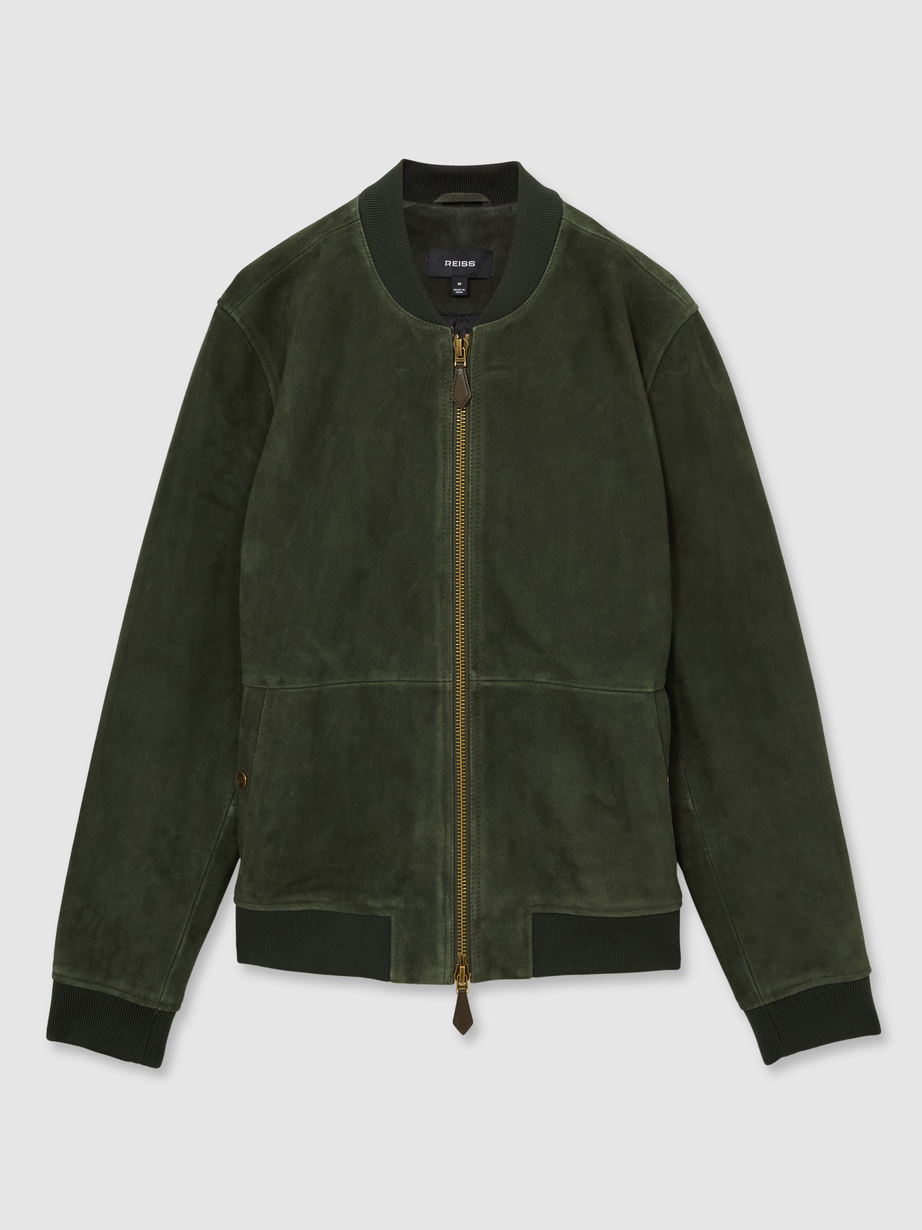 Leather-Sleeve Suede Brick Bomber Jacket in Antique Dark Forest Green - Image 2 of 6