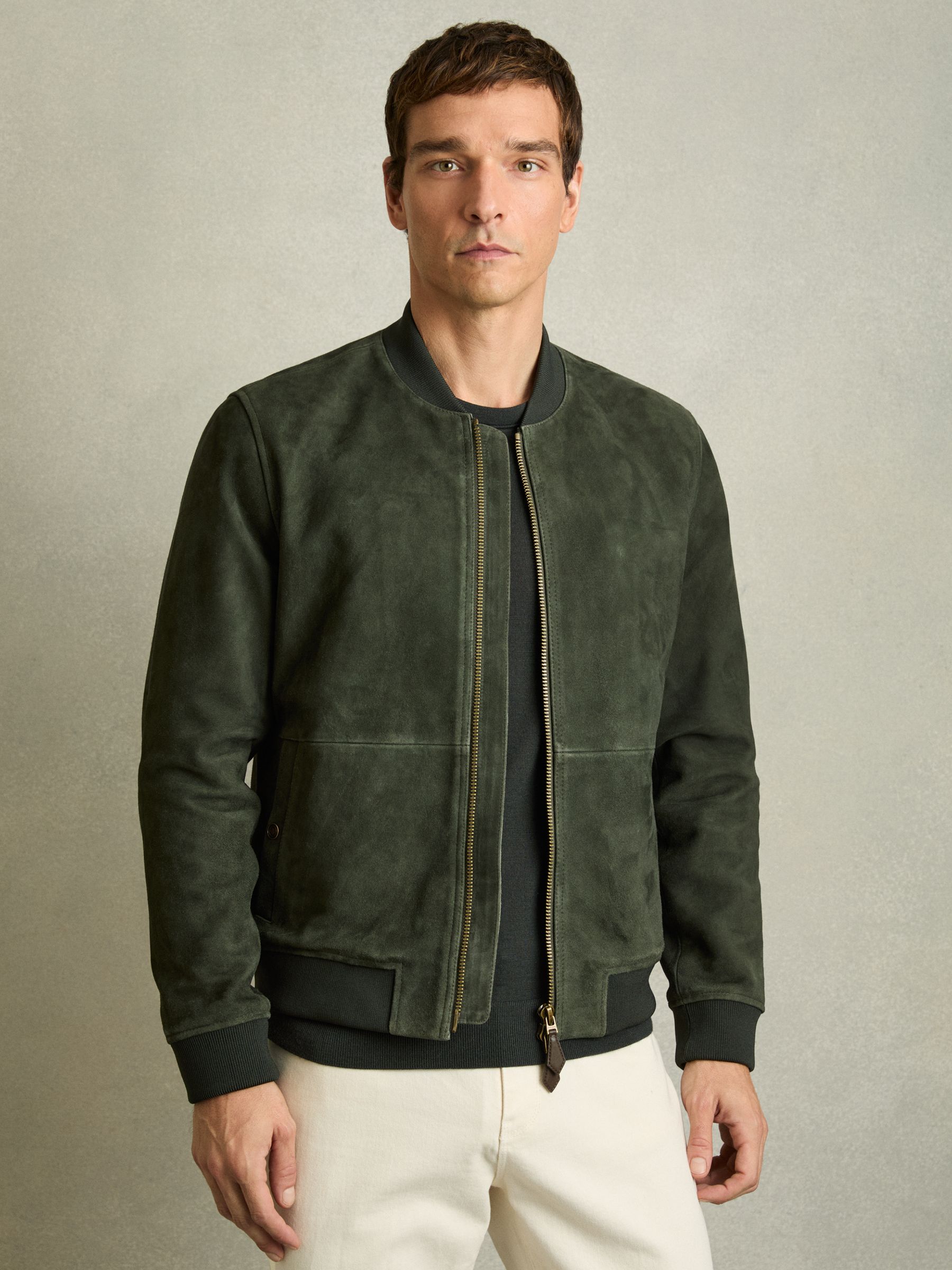 Reiss Suede Zip-Through Bomber Jacket in Antique Dark Forest Green