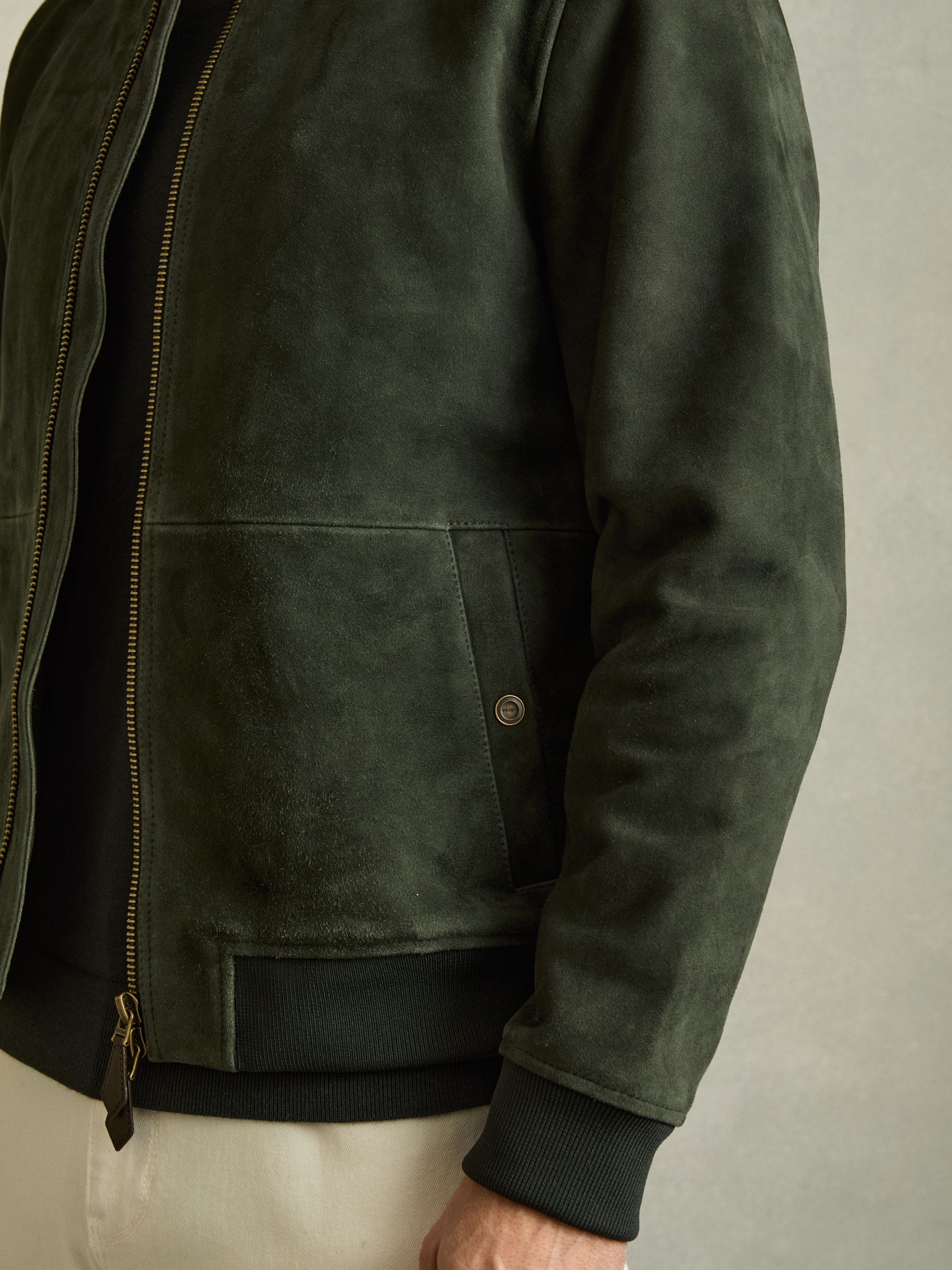 Leather-Sleeve Suede Brick Bomber Jacket in Antique Dark Forest Green - Image 4 of 6
