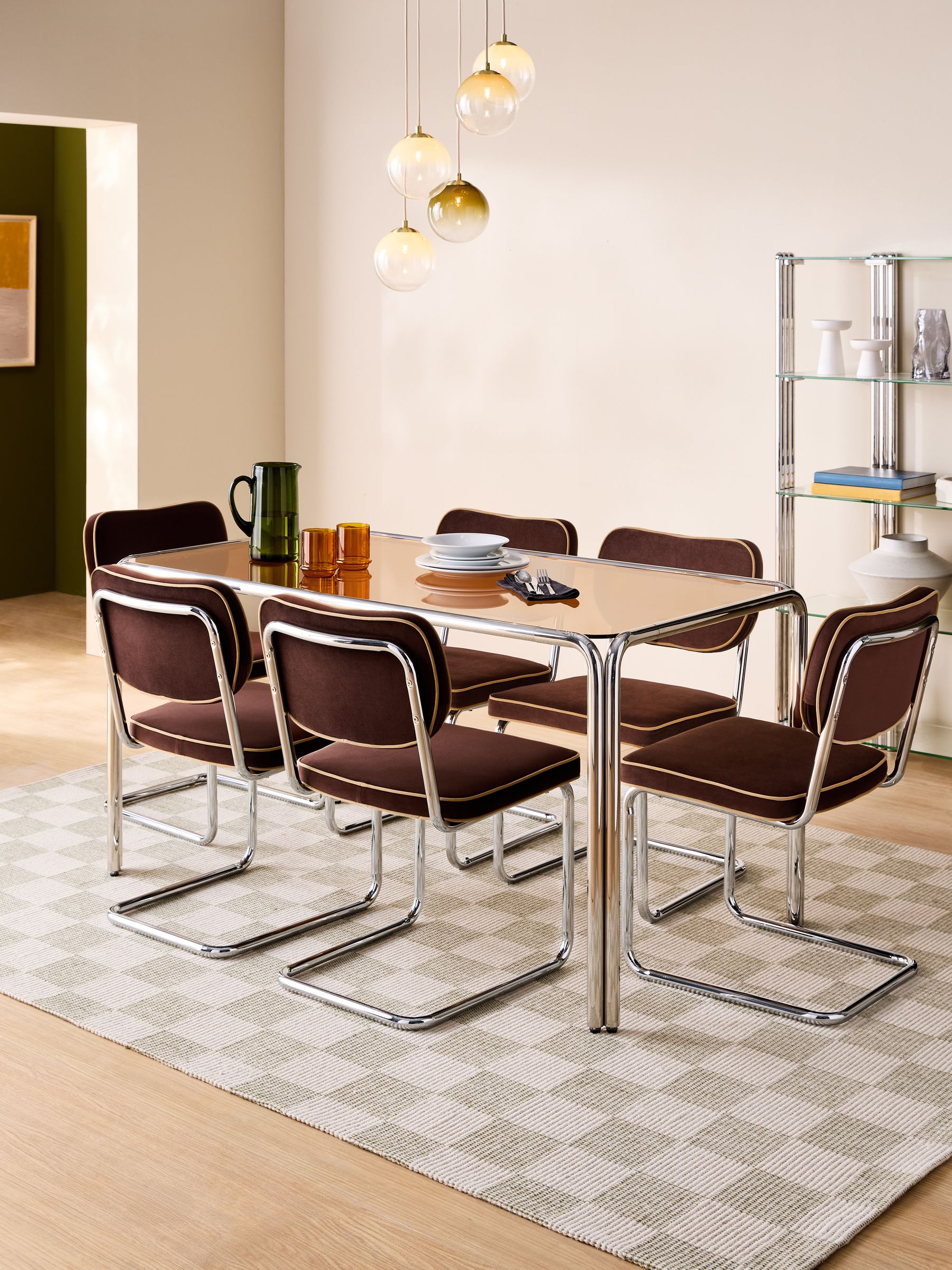 Dunston Fixed 6 Seater Dining Table in Amber Glass and Chrome - Image 1 of 4