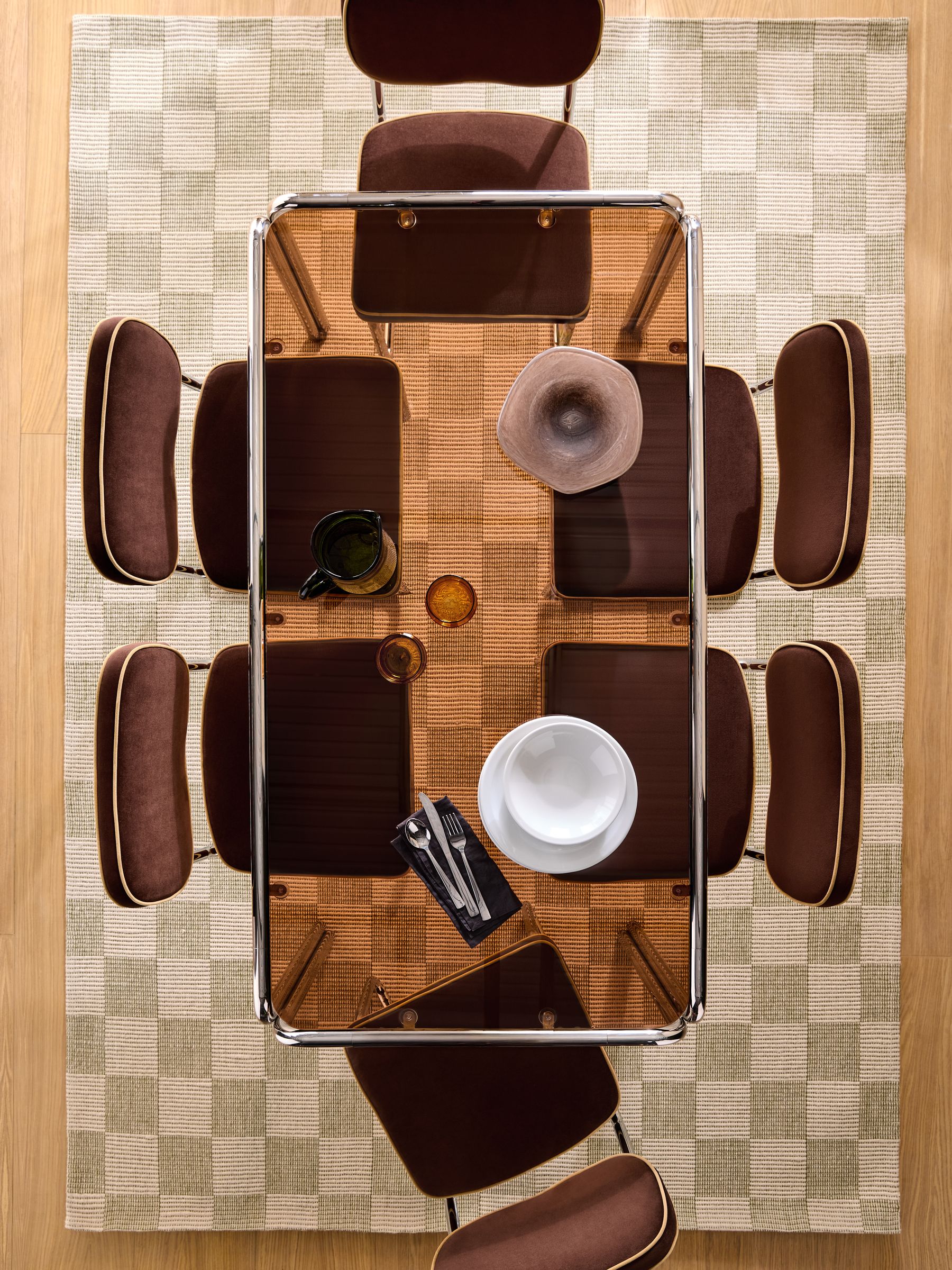 Dunston Fixed 6 Seater Dining Table in Amber Glass and Chrome - Image 2 of 4