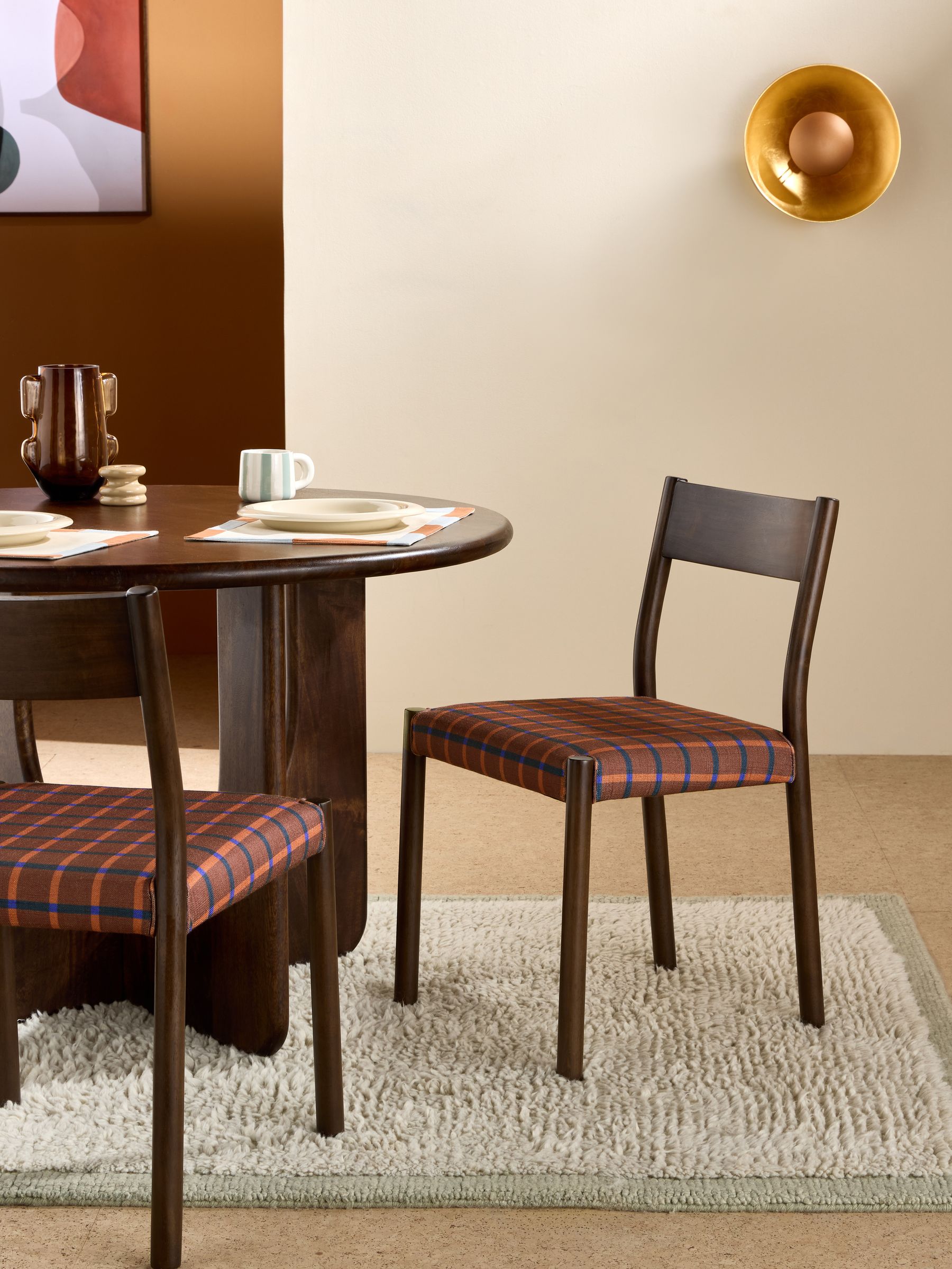 Set of 2 Dark Wood and Rust Brown Cale Check Rhye Dining Chairs - Image 1 of 3 Set of 2 Dark Wood and Rust Brown Cale Check Rhye Dining Chairs - Image 1 of 3
