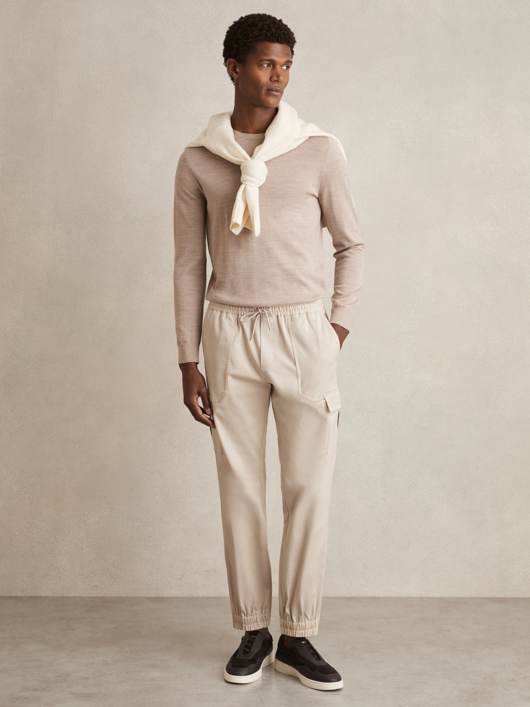 Cotton Drawstring Cargo Trousers in Stone - Image 1 of 6