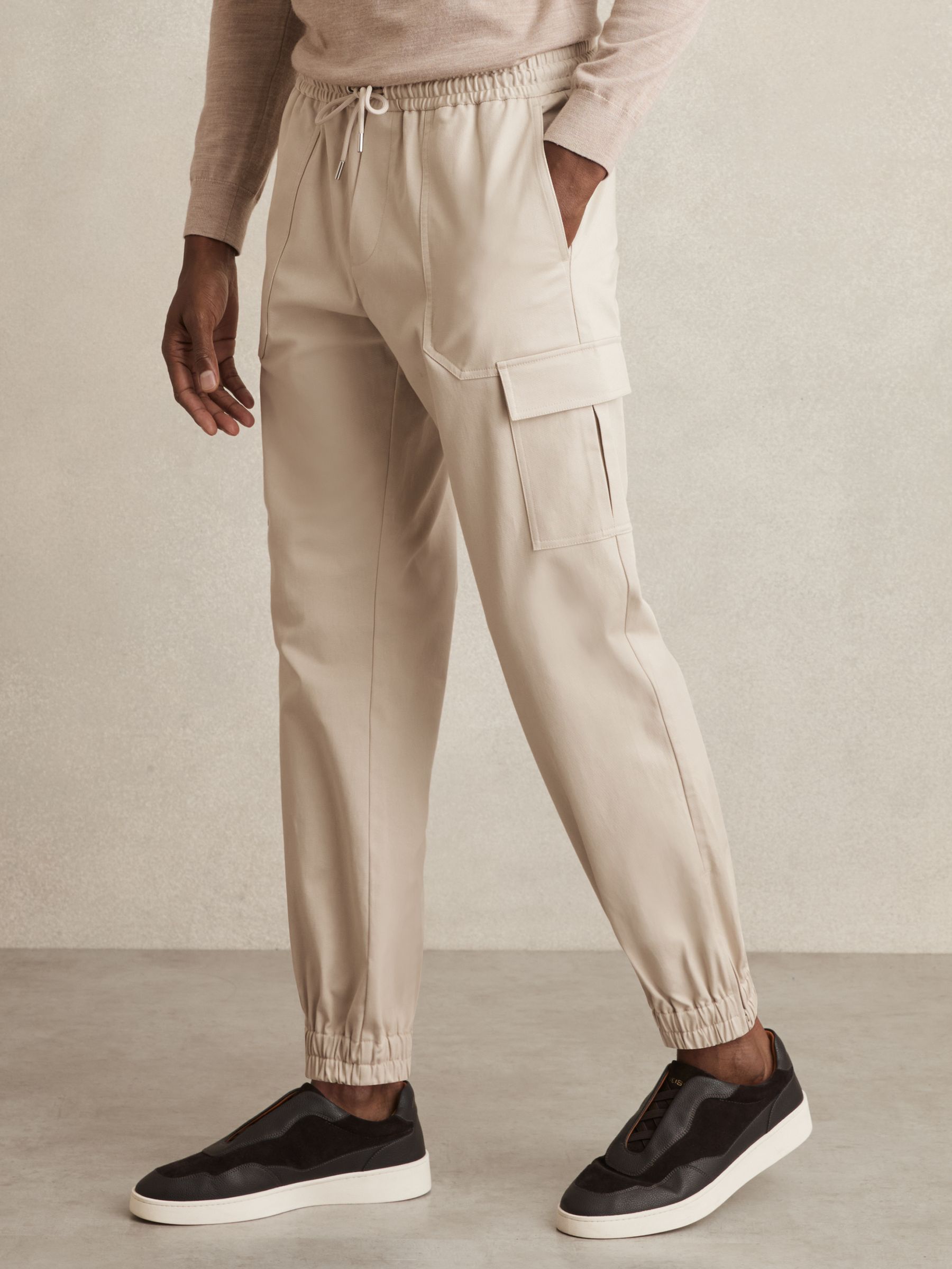 Cotton Drawstring Cargo Trousers in Stone - Image 3 of 6