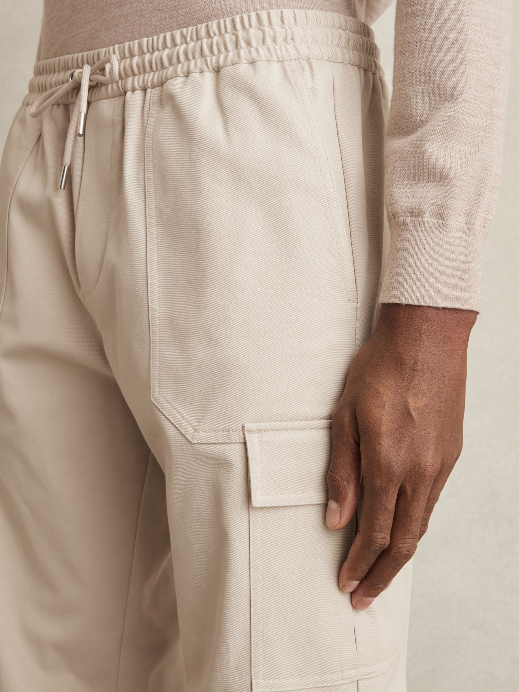 Cotton Drawstring Cargo Trousers in Stone - Image 4 of 6