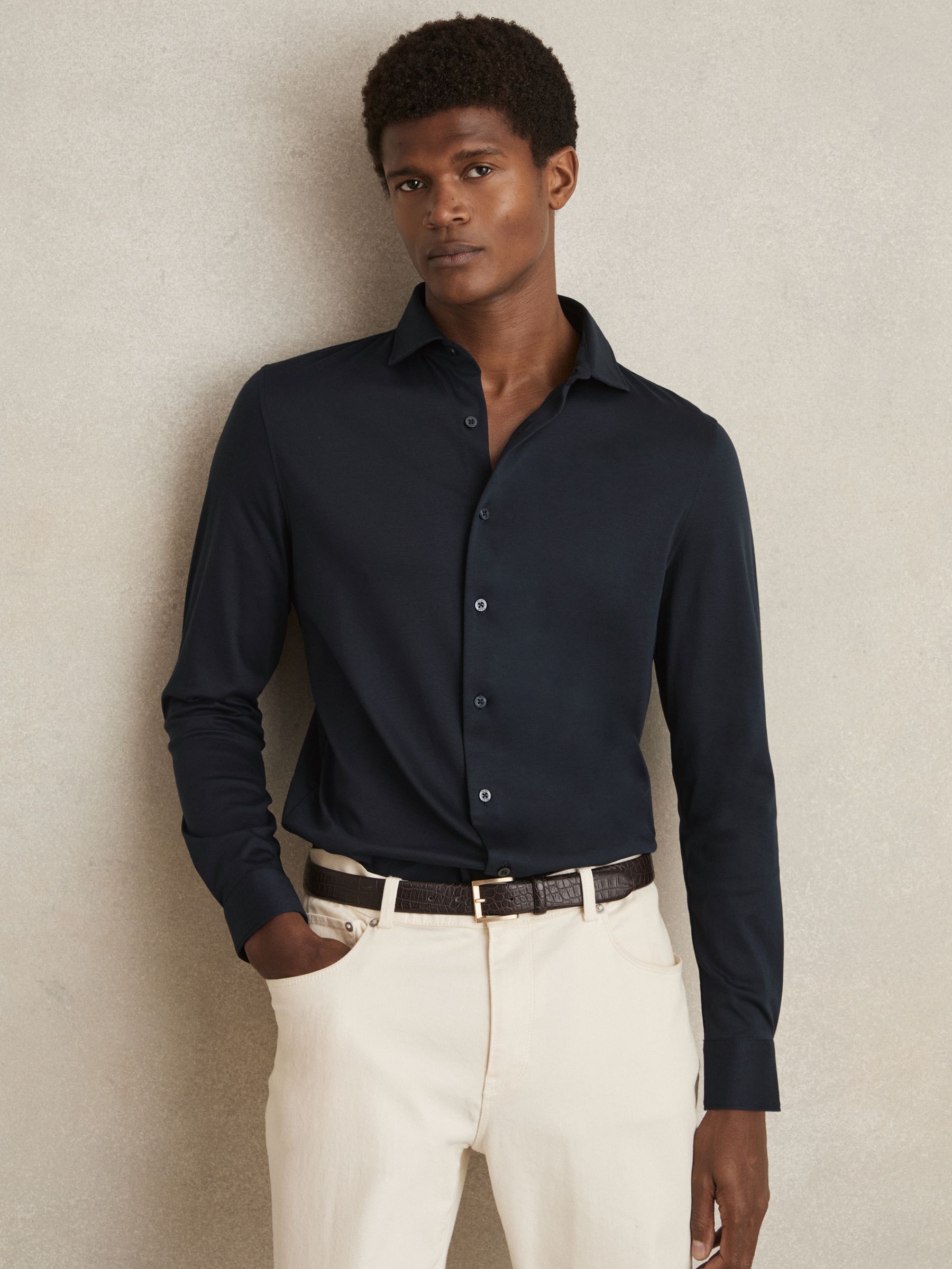 Cotton-Jersey Button-Through Shirt in Navy - Image 1 of 6