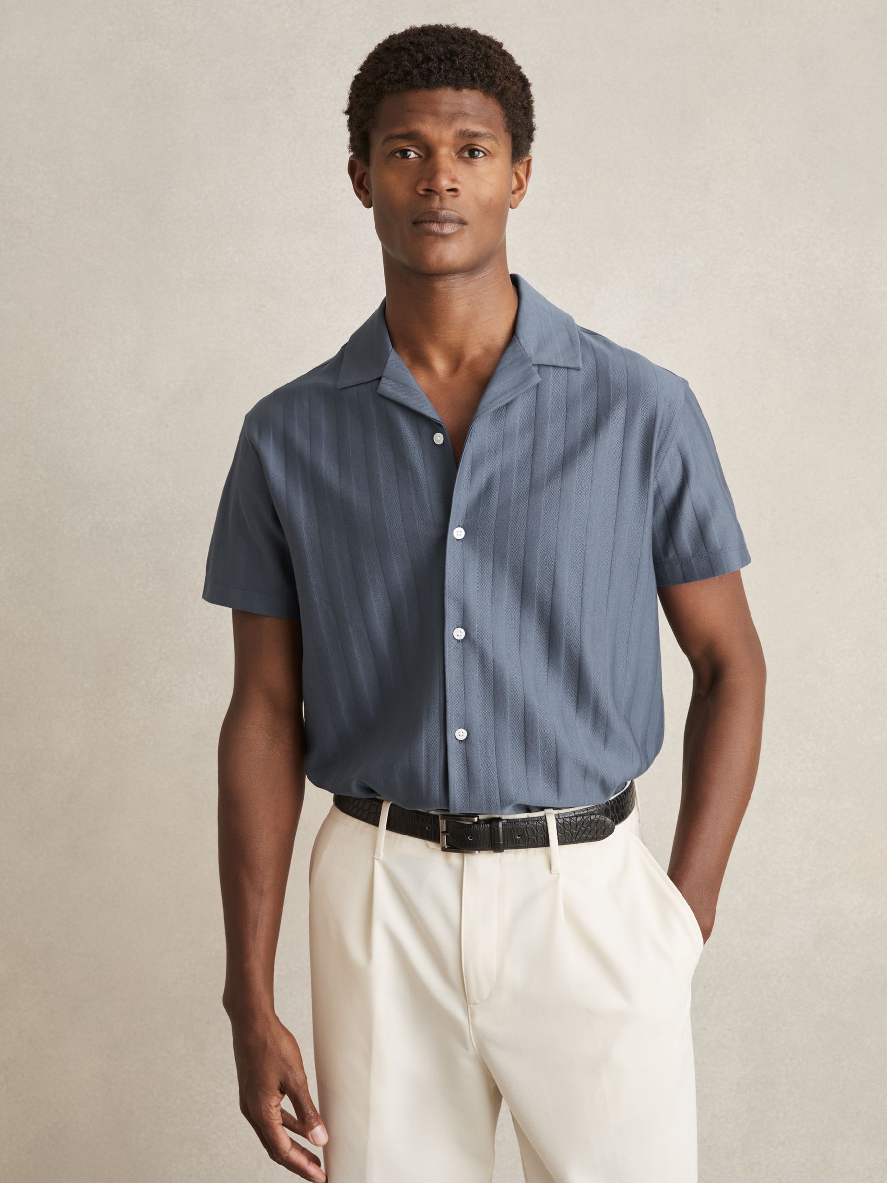Cotton Textured Cuban-Collar Shirt in Airforce Blue - Image 3 of 7