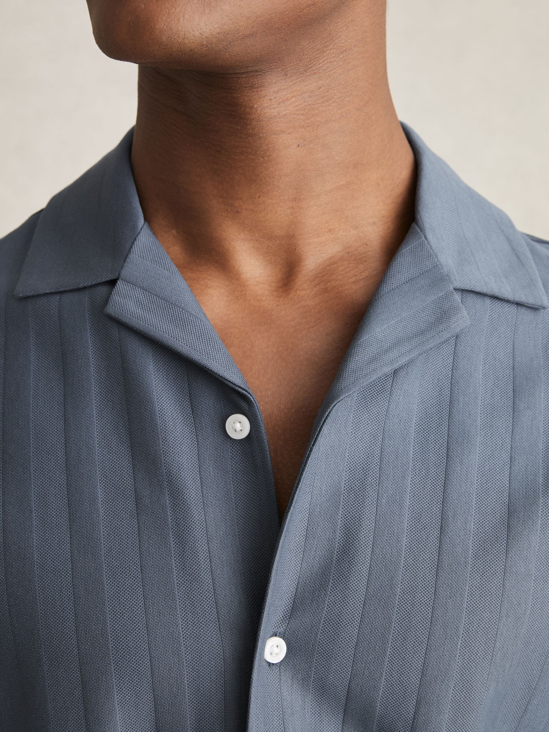 Cotton Textured Cuban-Collar Shirt in Airforce Blue - Image 4 of 7