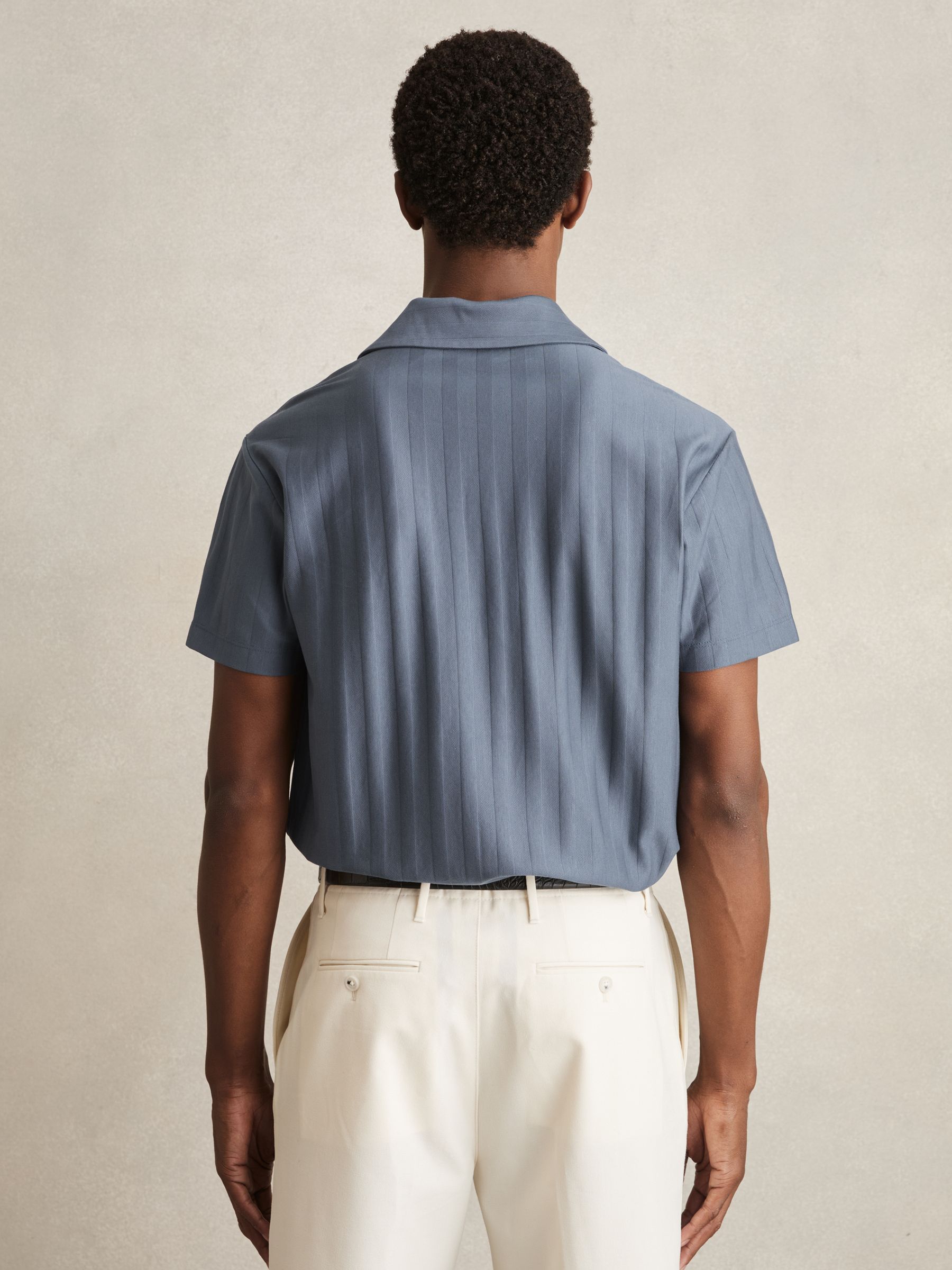 Cotton Textured Cuban-Collar Shirt in Airforce Blue - Image 5 of 7