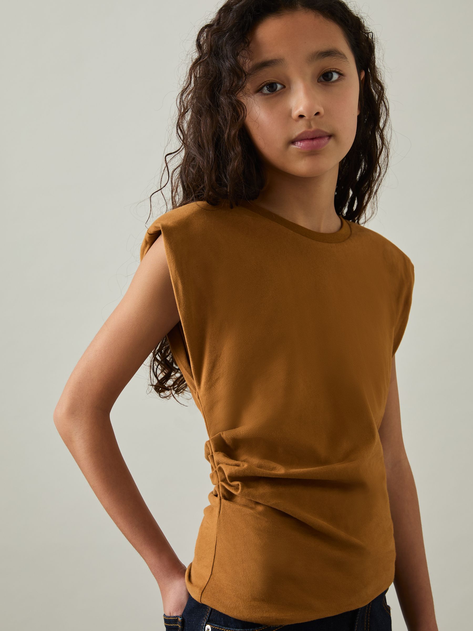 9-13 yrs Cotton-Jersey Cap-Sleeve Ruched Top in Tan - Image 1 of 4