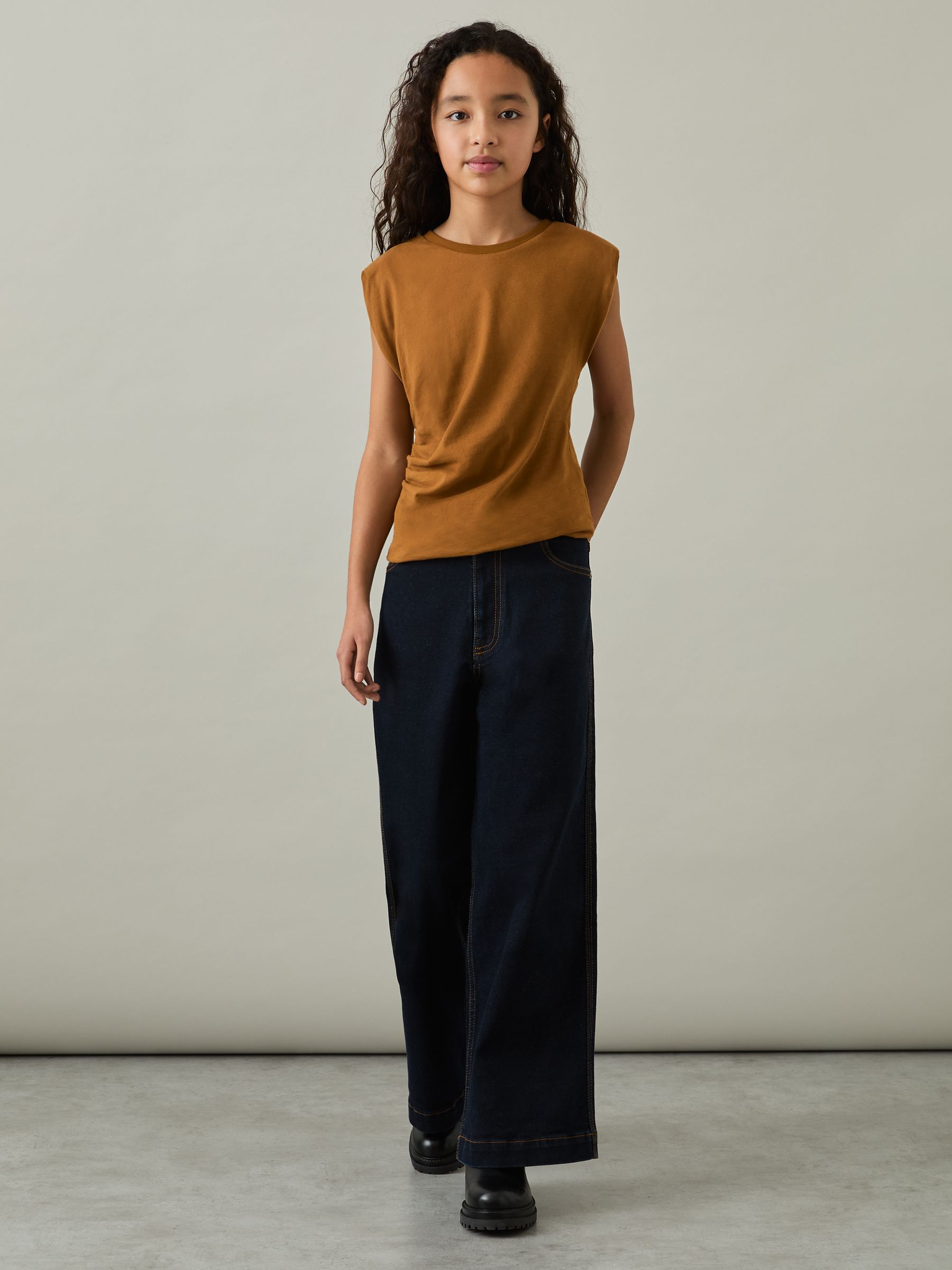 9-13 yrs Cotton-Jersey Cap-Sleeve Ruched Top in Tan - Image 3 of 4