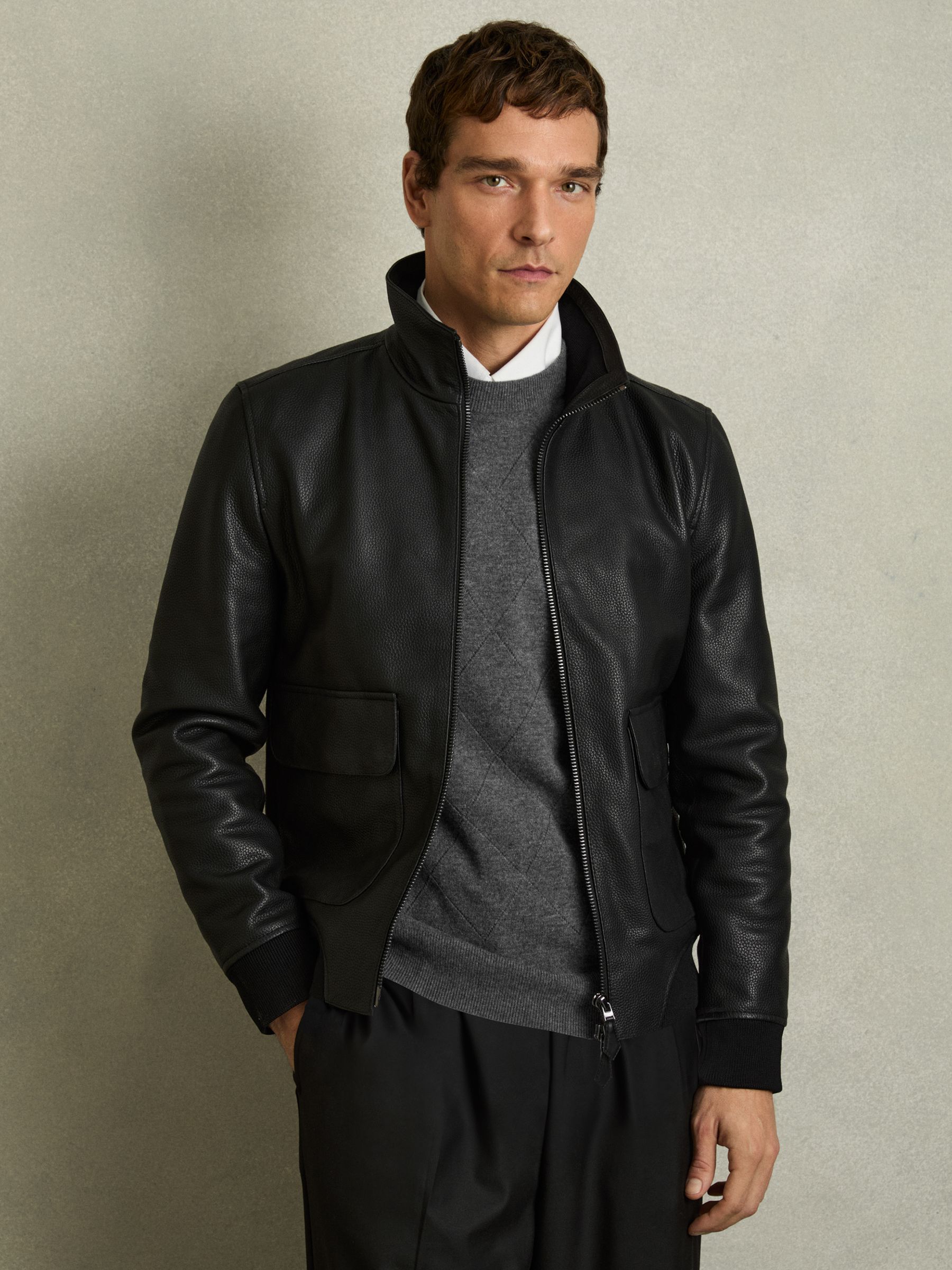 Pebbled-Leather Funnel-Neck Jacket in Black - Image 1 of 6