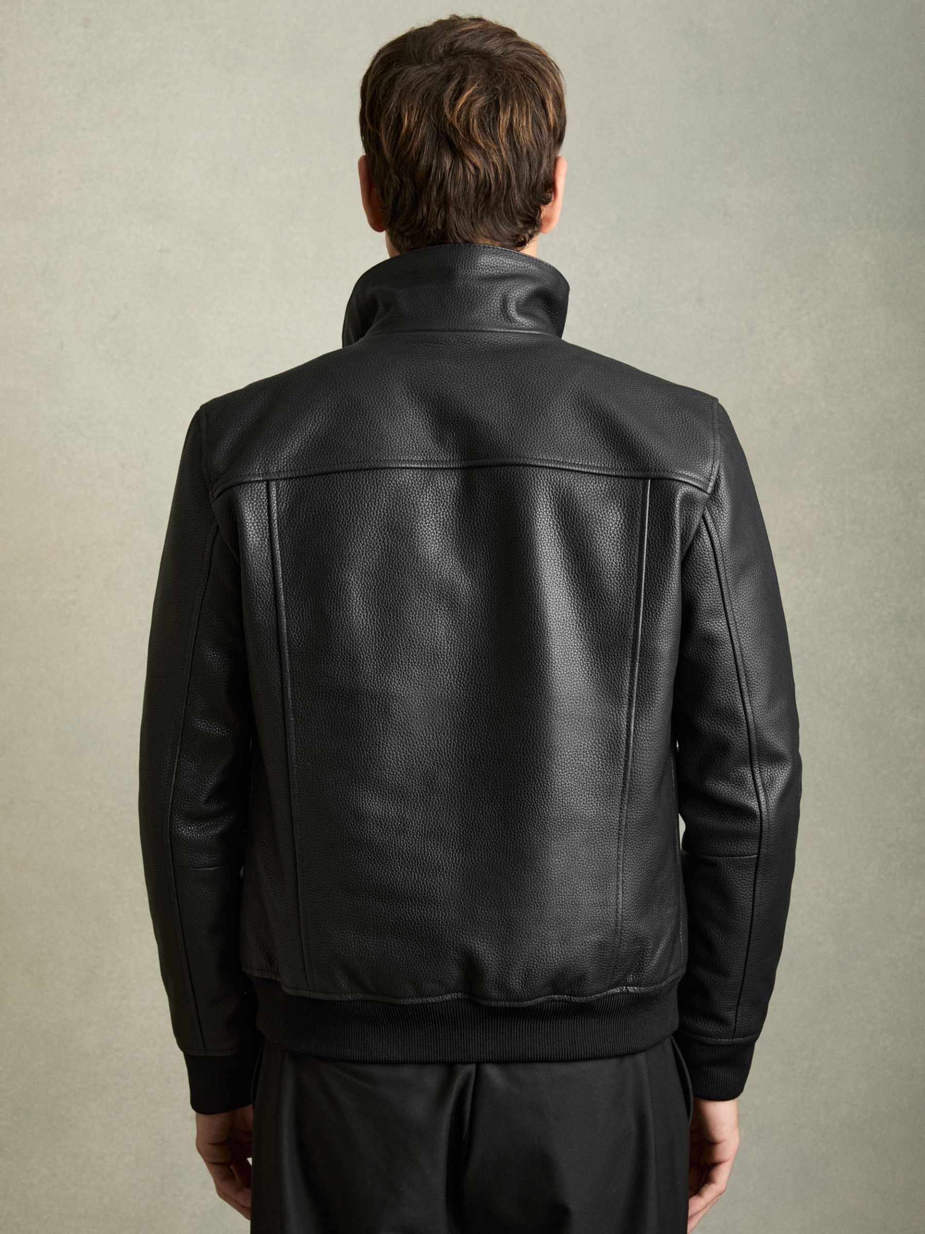 Reiss Pebbled Leather Funnel Neck Jacket In Black REISS Reiss Pebbled Leather Funnel Neck Jacket In Black REISS