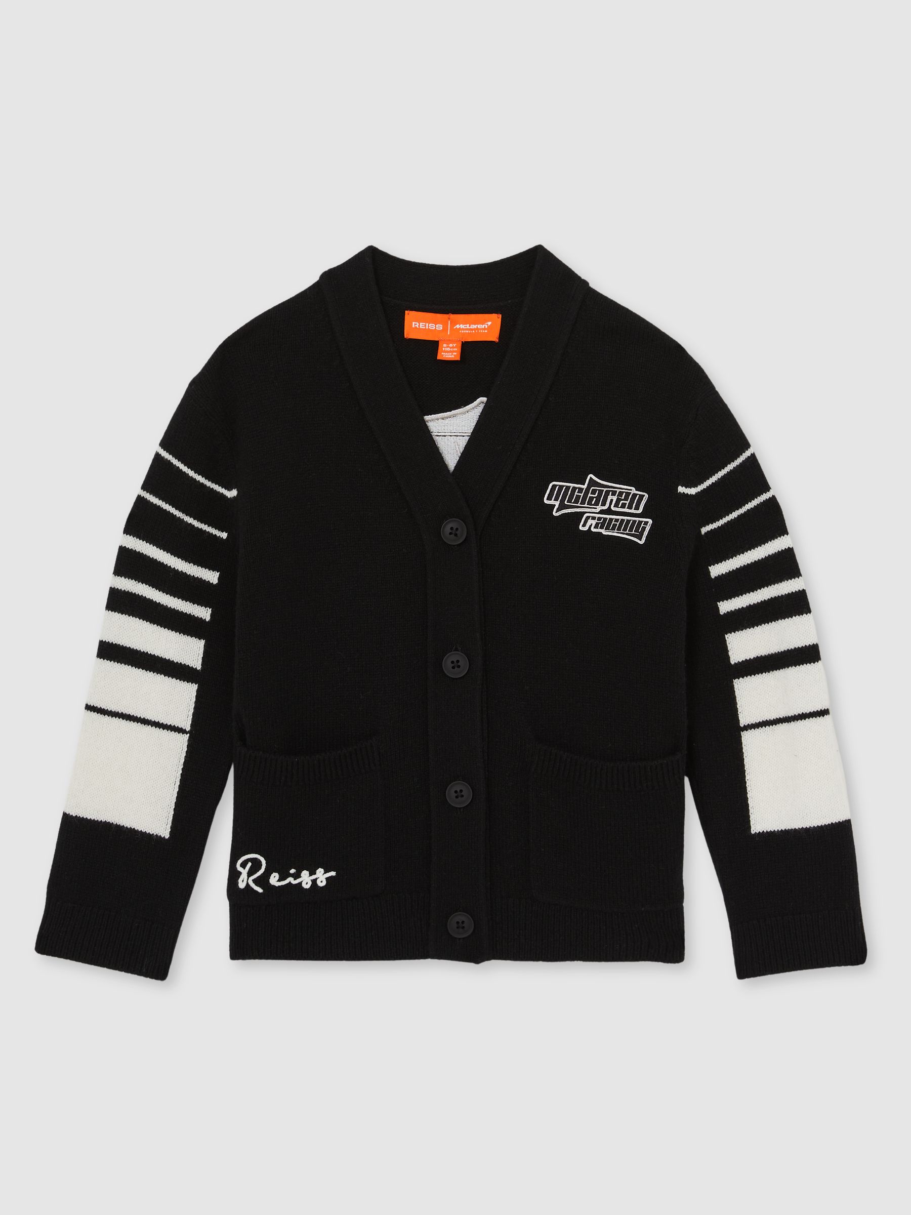 13-14 yrs Unisex Fit McLaren F1 Team Varsity Wool-Cashmere Cardigan in Black - Image 1 of 8